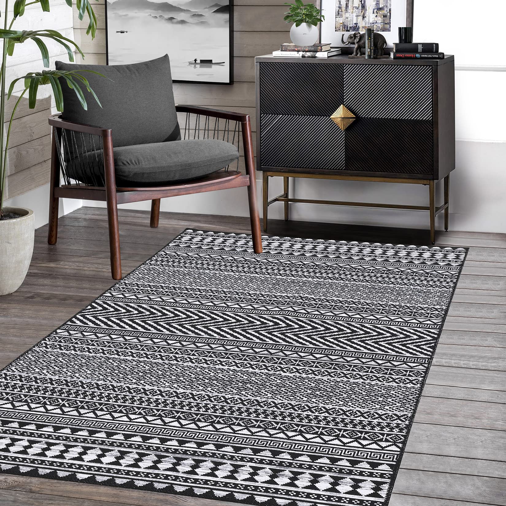 Garvee Tappeto Boho Läufer 160x230cm Basso Pelo Antiscivolo Lavabile Nero Profondo Soggiorno Camera