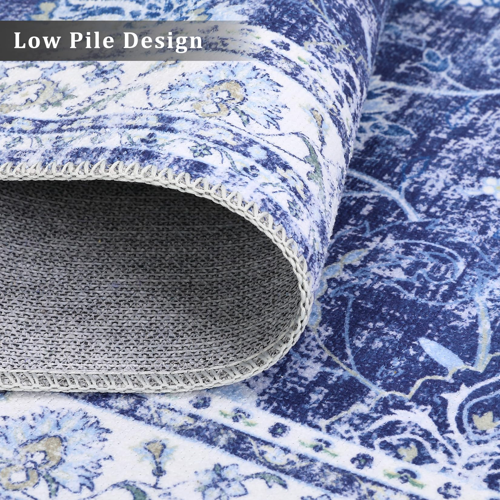 Tappeto vintage GARVEE, design orientale, antiscivolo, antimacchia, pelo corto, lavabile, blu navy, 160x230 cm, per soggiorno e camera da letto