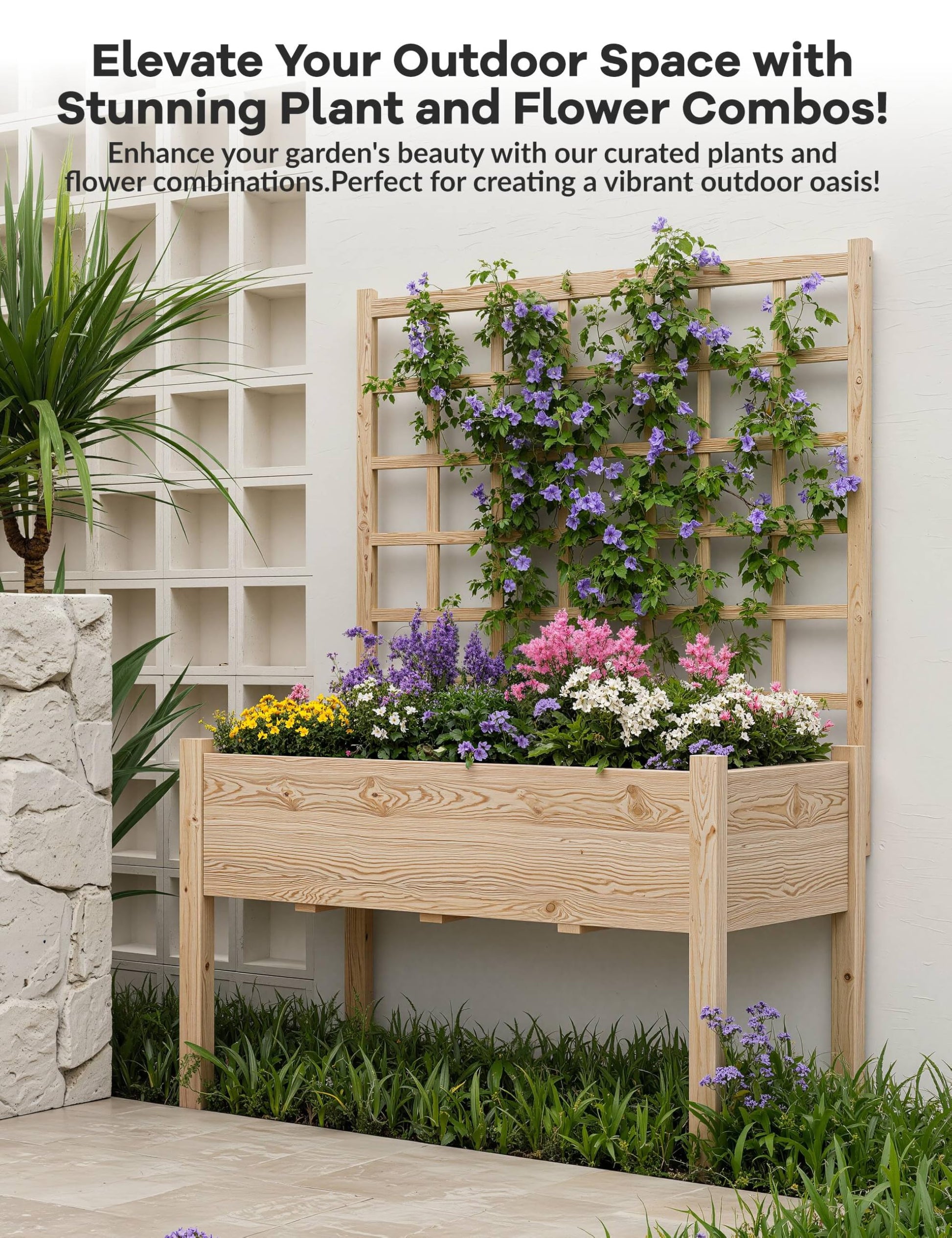 Aiuola rialzata Garvee con traliccio, in legno, resistente alle intemperie, grande, per balcone e giardino, ergonomica