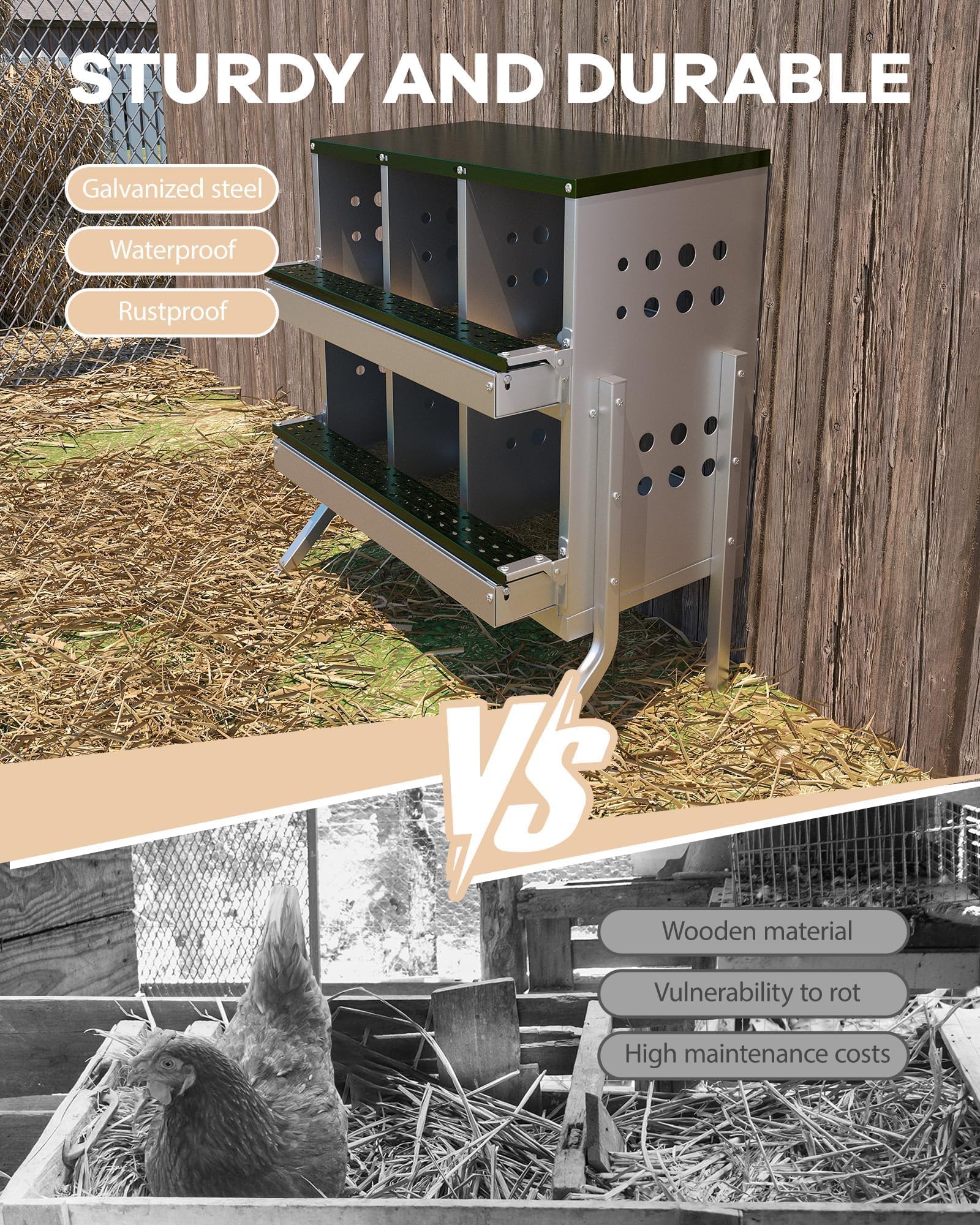 Nidi per galline Garvee, 6 scomparti, in metallo, impermeabili, antiruggine, con ventilazione, trespolo e vassoio portauova mobile per piccoli giardini