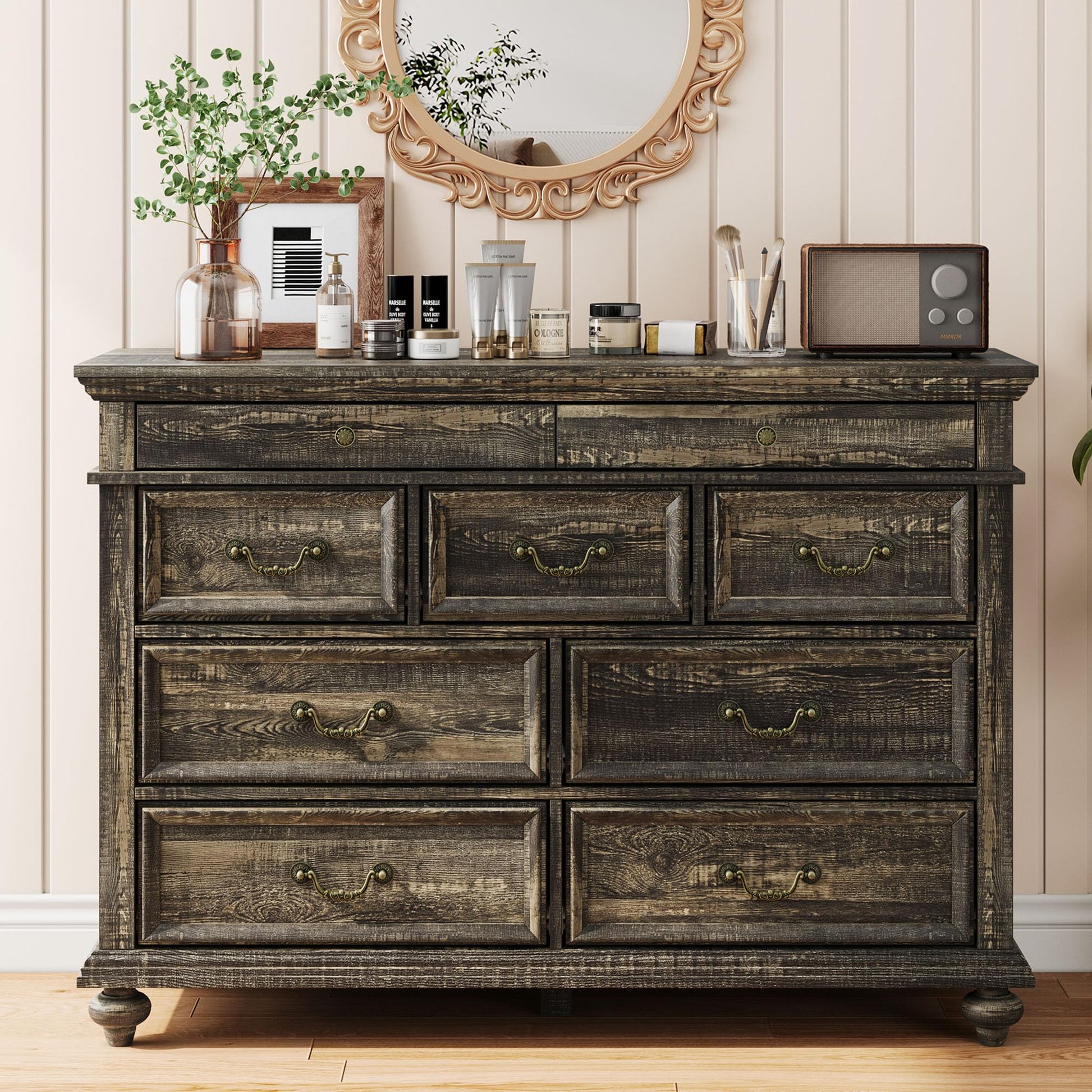 Cassettiera Garvee da 47" in stile rustico con 9 cassetti, in legno rustico, maniglie in metallo vintage, rovere scuro, per camera da letto e soggiorno