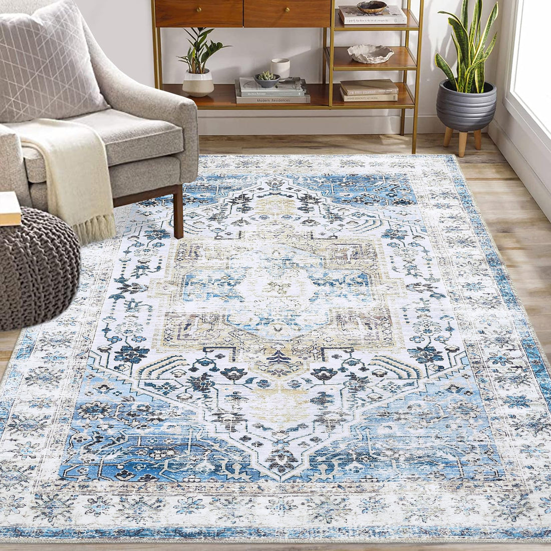 Garvee Tappeto Vintage Antiscivolo Lavabile Poliestere Blu 160x230 cm Per Interni Casa Ufficio