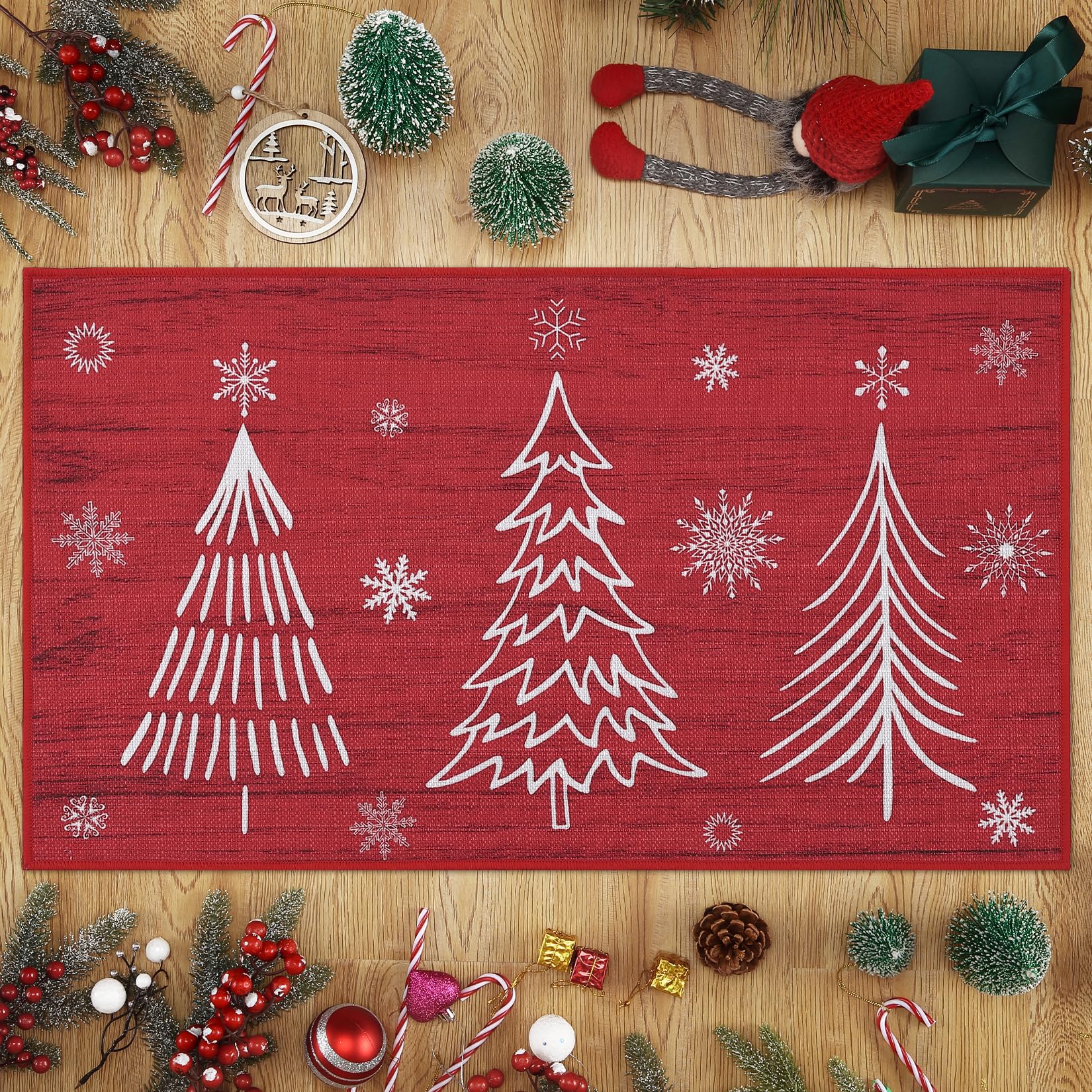 Zerbino decorativo Garvee 40x80cm con motivo natalizio, antiscivolo, resistente, rosso, per interni ed esterni, cucina