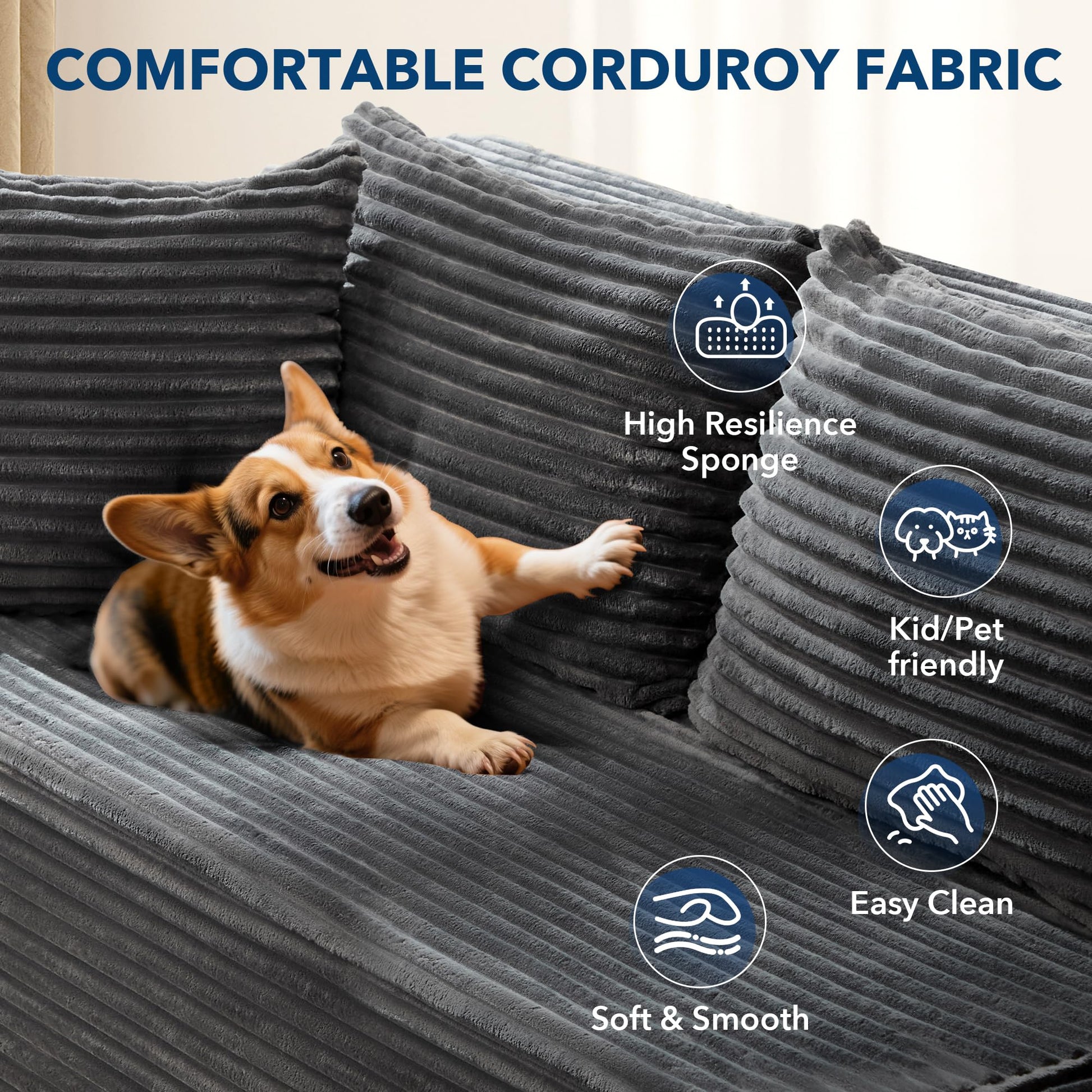 Divano angolare modulare Garvee Cloud da 106" - Soffice e confortevole - Divano a L - Tessuto di alta qualità - Cuscino di seduta profondo - Soggiorno e salotto - Grigio