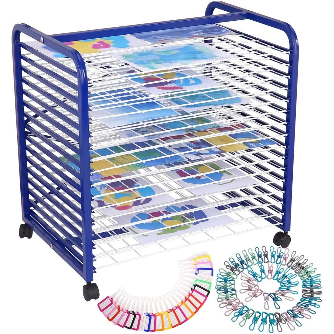 Stendibiancheria GARVEE Art con 16 scomparti, supporto mobile per asciugatura, solida struttura in metallo, rivestimento durevole, stendibiancheria per quadri e carrello per asciugatura quadri per dipinti, disegni e altro ancora.