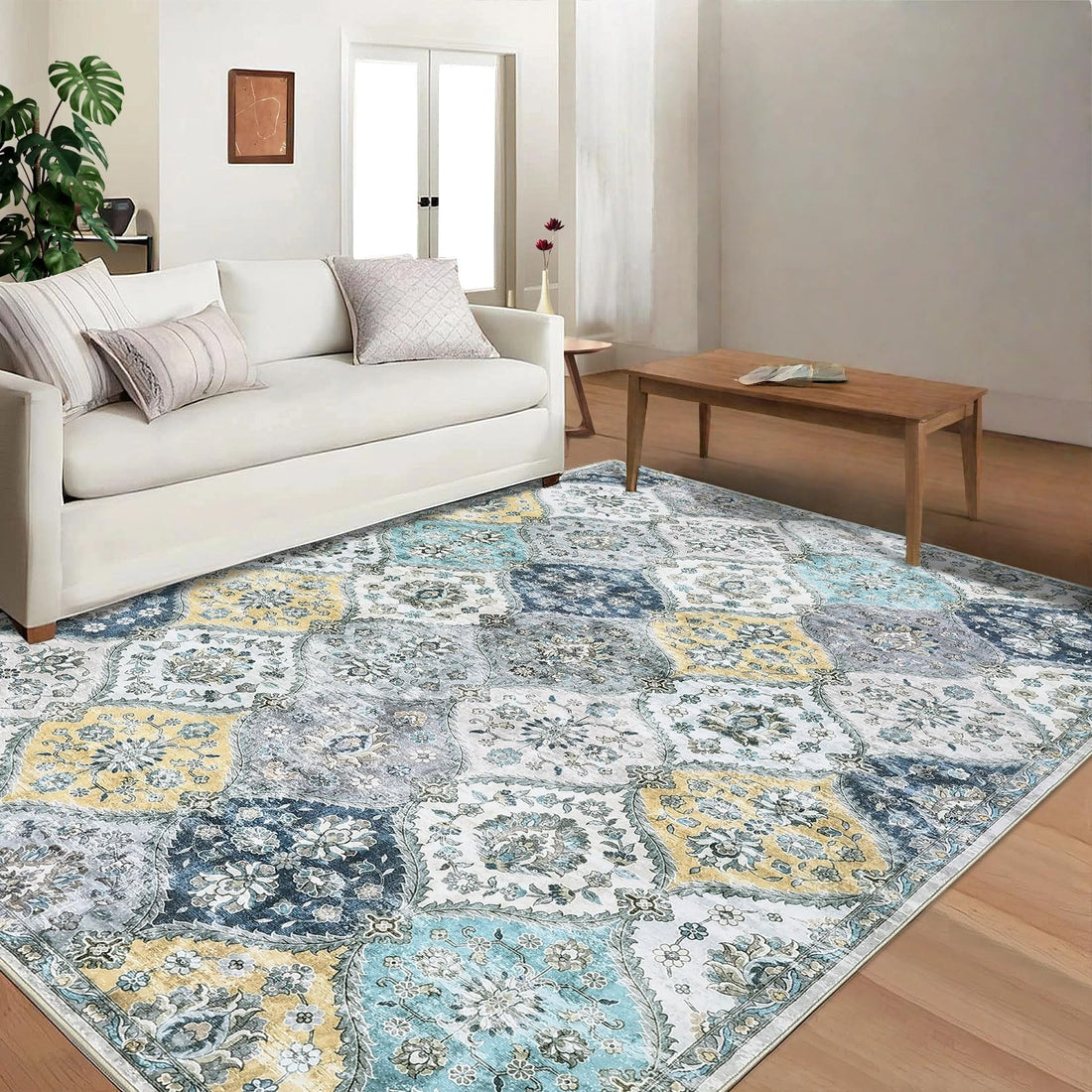 Tappeti vintage lavabili Garvee 160x230 cm, tappetino pieghevole a pelo corto per interni, soggiorno, ufficio, cameretta dei bambini, blu giallo, antiscivolo, morbido, antimacchia