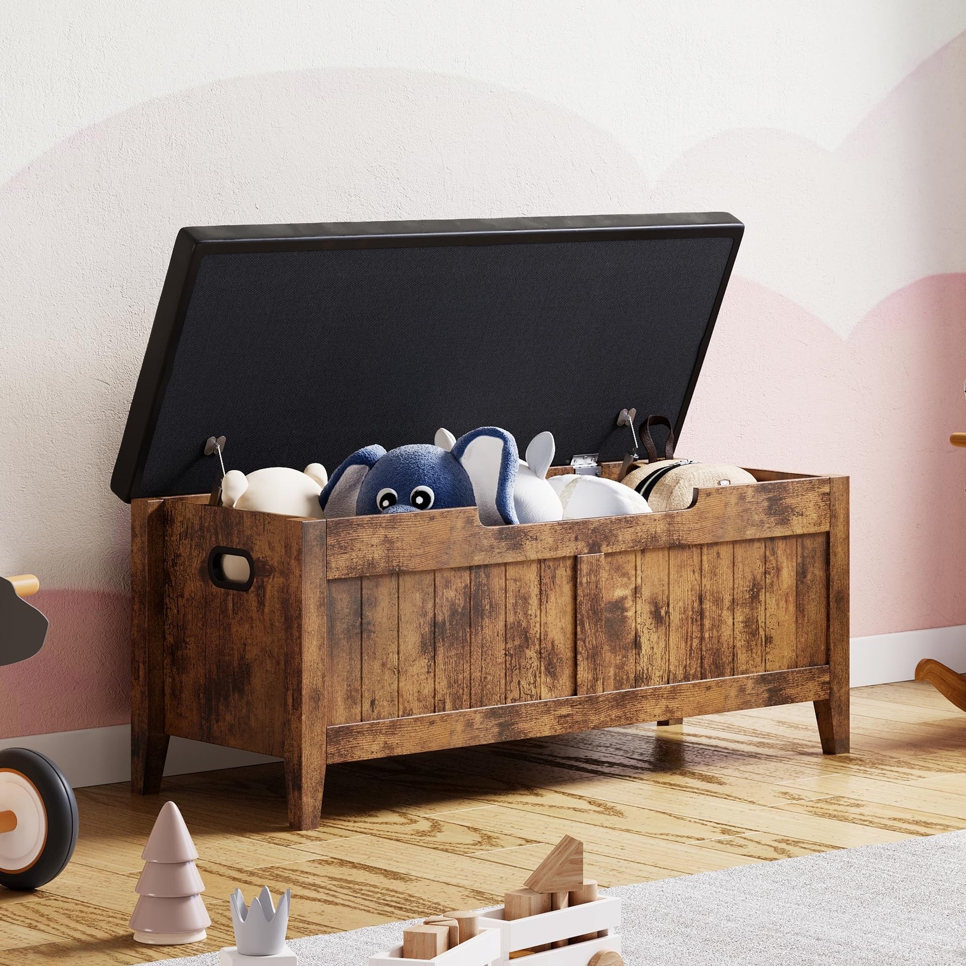 Panca contenitore Garvee in legno con cerniere di sicurezza, seduta imbottita, maniglie ergonomiche per soggiorno e camera da letto, 39,4" marrone