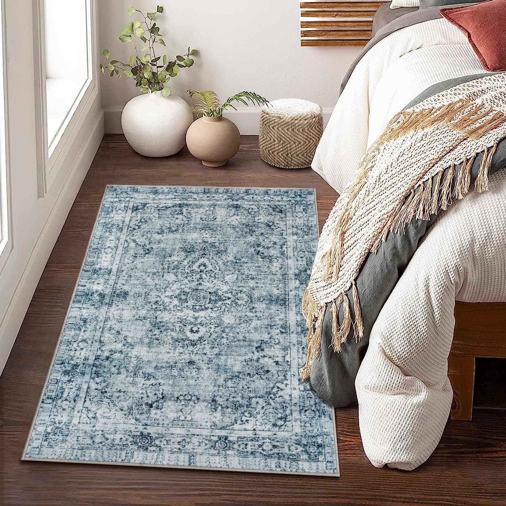 Tappeti a pelo corto Garvee blu 160x230cm, tappeto moderno per soggiorno e camera da letto in stile boho vintage