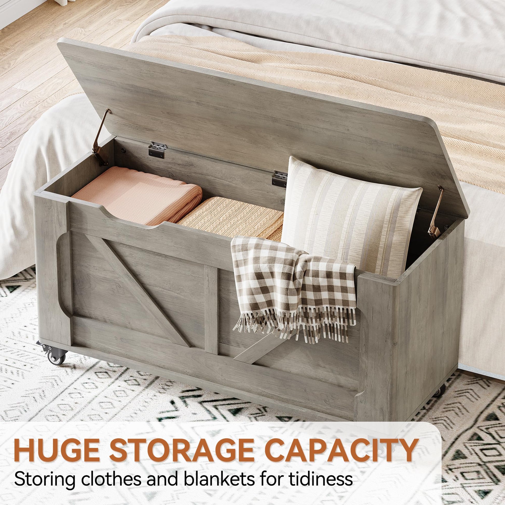 Panca portaoggetti Garvee con ruote, cassapanca in legno da 39,4", capacità di carico di 350 libbre, grigia, per corridoio e soggiorno, versatile