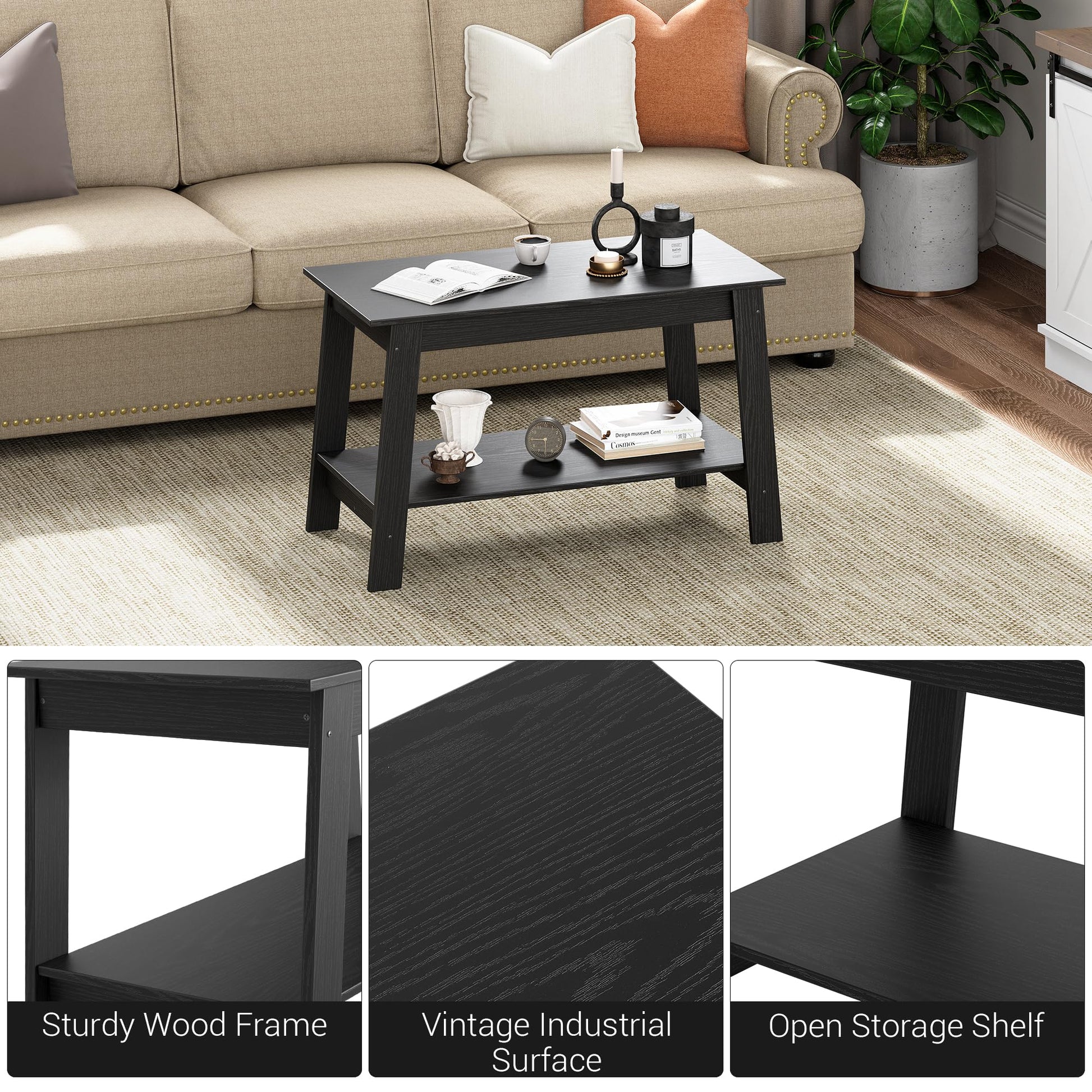Tavolino rustico Garvee con doppio ripiano, rettangolare, in legno, finitura nera, per soggiorno e ufficio, 31,5x15,4x18,9 pollici