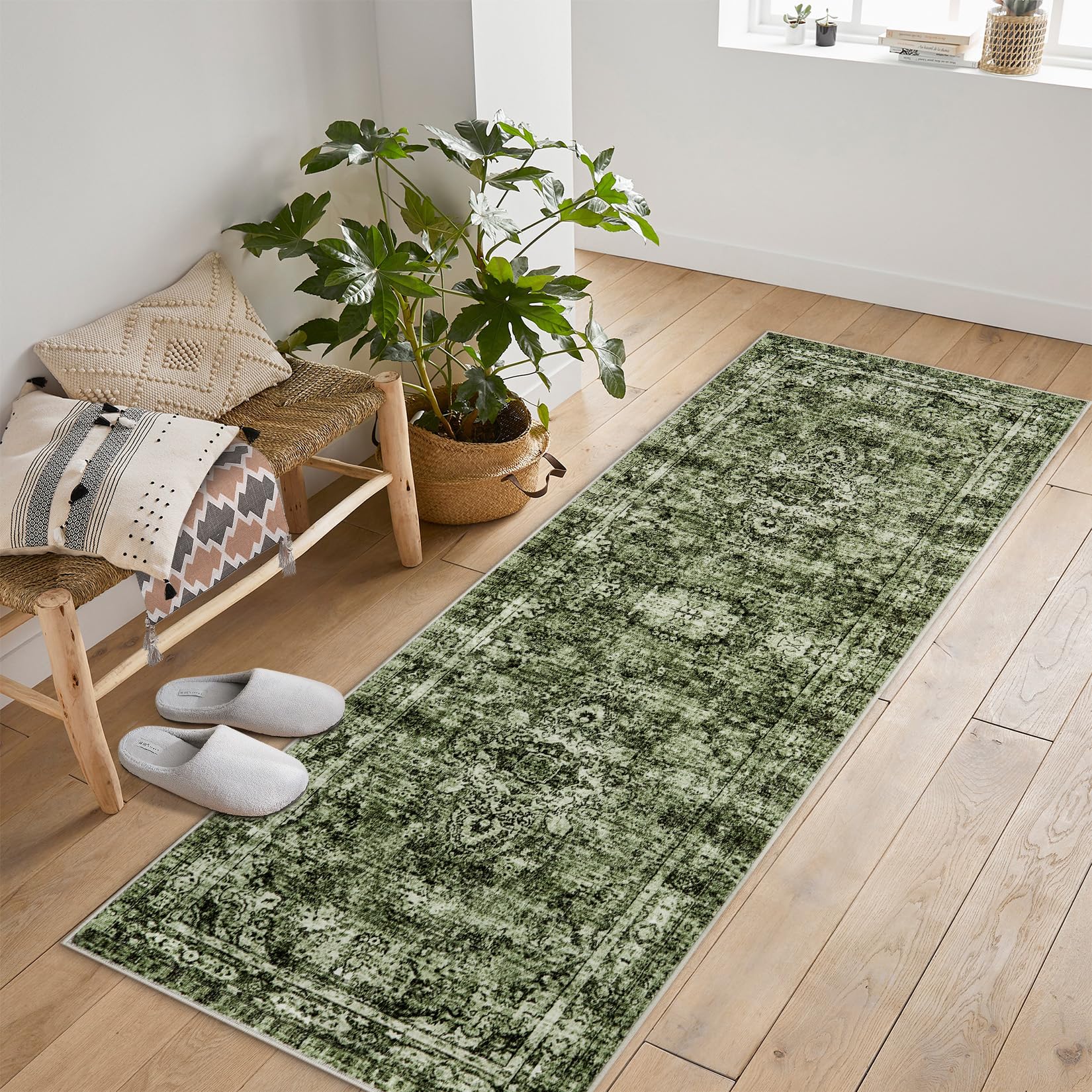 Tappeto a pelo corto Garvee per soggiorno Boho Vintage Verde 160x230cm Tappeto moderno da salotto lavabile antiscivolo