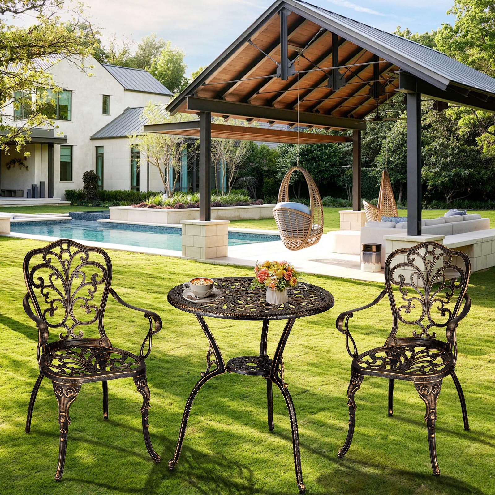 Set da esterno Garvee da 3 pezzi in alluminio pressofuso con foro per ombrellone per giardino, balcone, terrazza, finitura in ottone retrò, robusto ed elegante