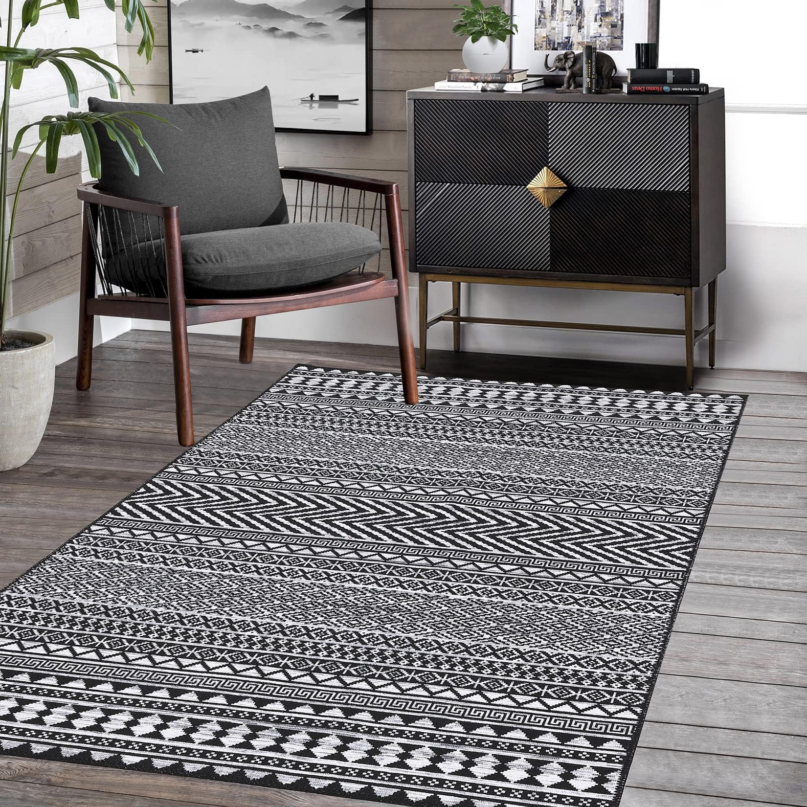 Tappeto marocchino Boho GARVEE 160x230cm Nero, idrorepellente, a pelo corto, resistente all'olio e alle macchie, lavabile, soggiorno e camera da letto