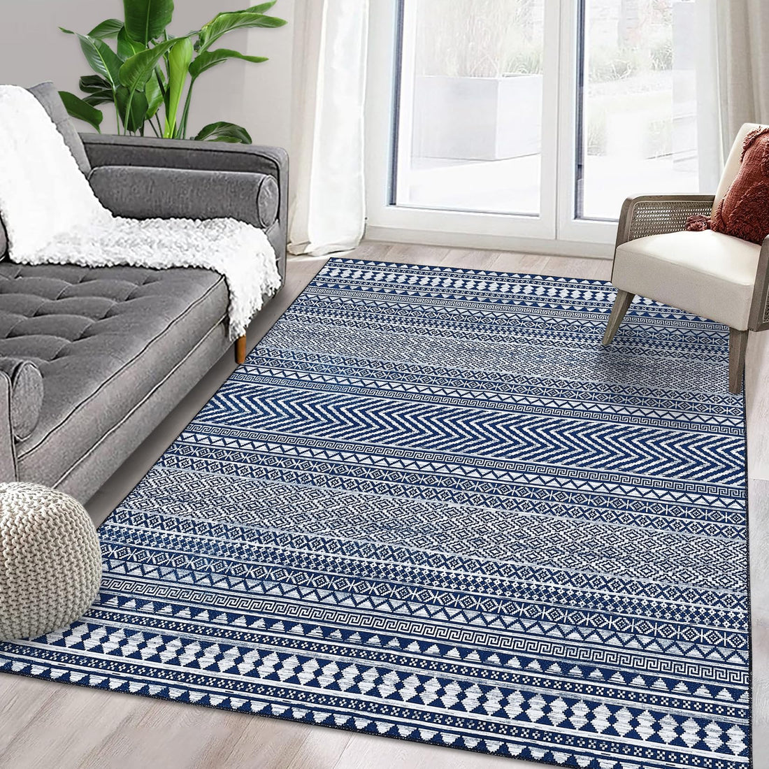 Garvee Läuferteppich Navy Blau 120x170 cm - Maschinenwaschbar & Wasserfest - Polyester mit rutschfester TPR-Unterseite - Modernes Vintage-Design - Perfekt für Wohnzimmer & Schlafzimmer
