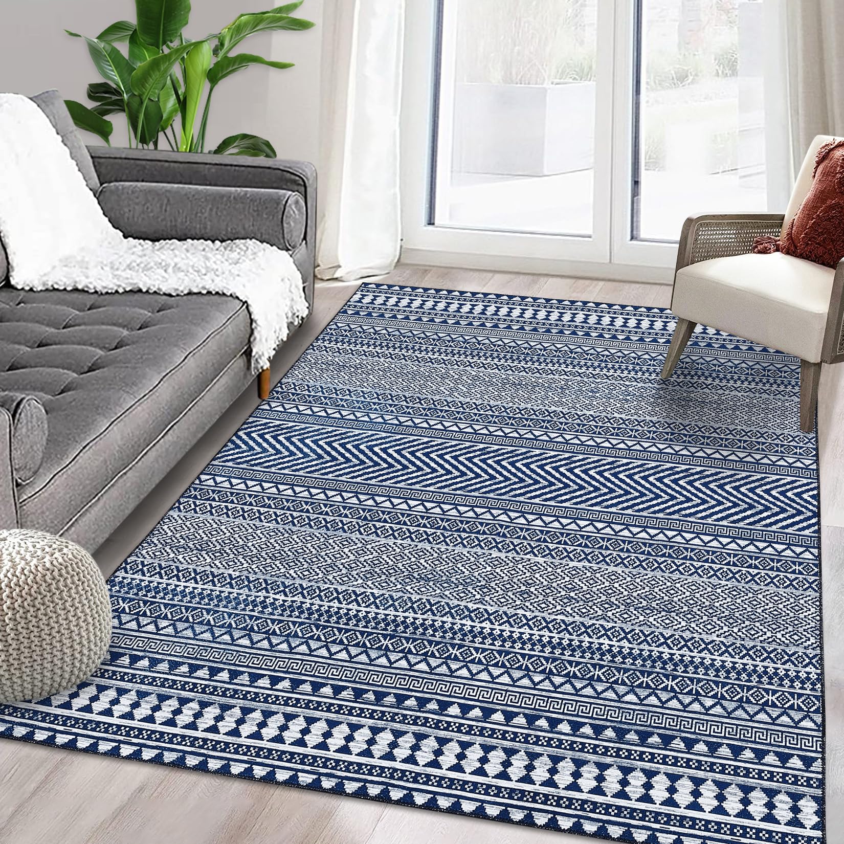 Garvee Läuferteppich Navy Blau 120x170 cm - Maschinenwaschbar & Wasserfest - Polyester mit rutschfester TPR-Unterseite - Modernes Vintage-Design - Perfekt für Wohnzimmer & Schlafzimmer