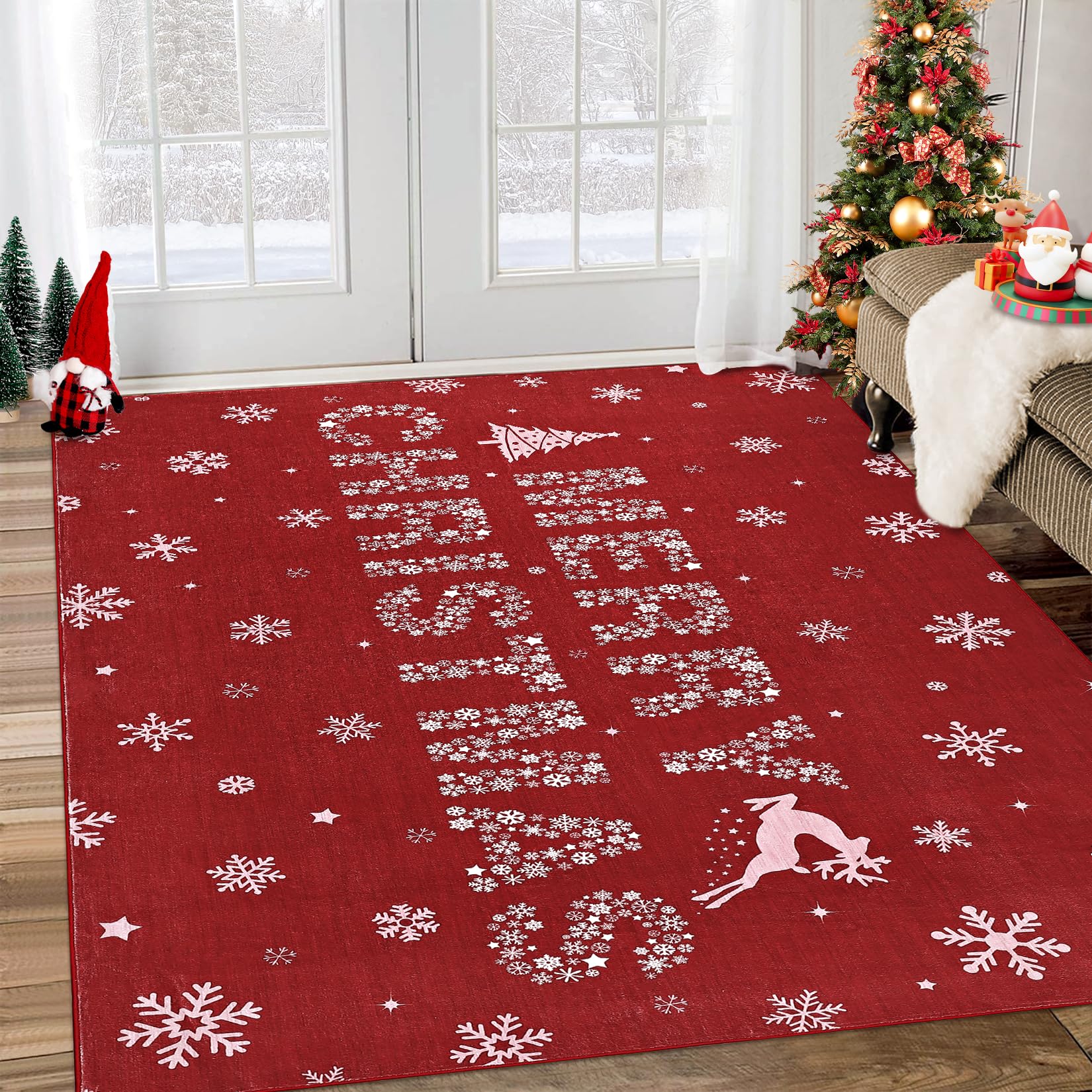 Tappeto per soggiorno Garvee Red Elk, lavabile, antiscivolo, decorazione natalizia per camera da letto, cucina, sala da pranzo, ufficio, 120x170 cm, rosso