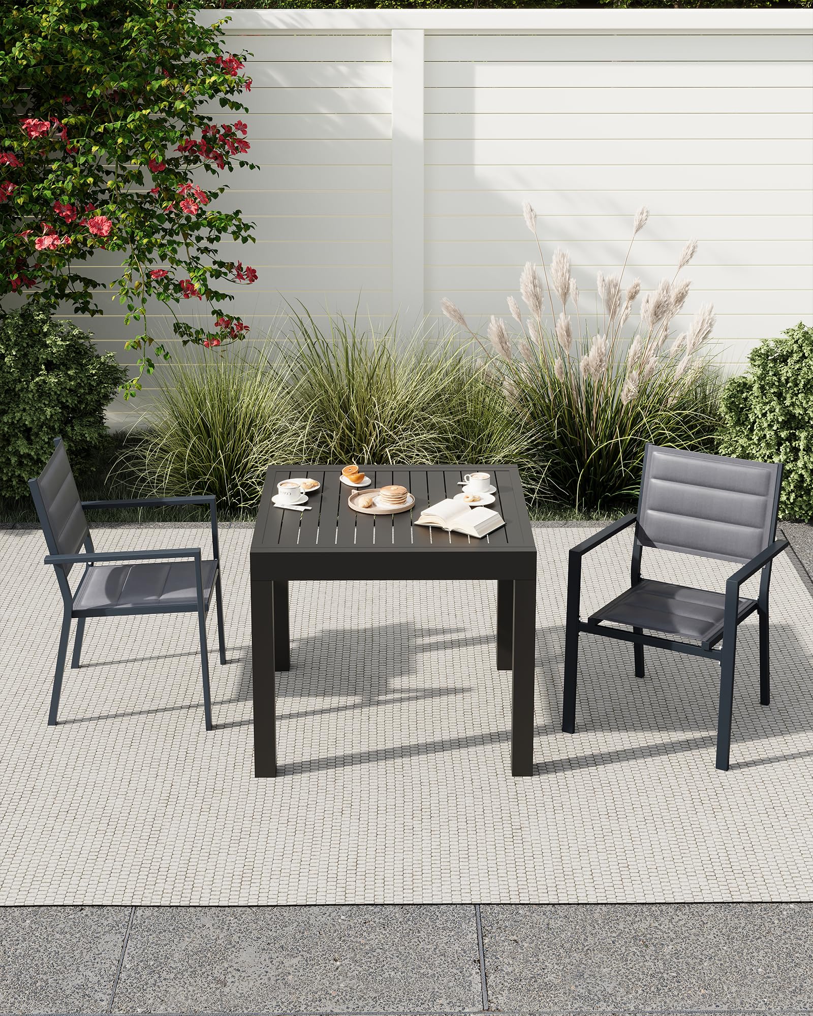 Sedie da pranzo da giardino Garvee impilabili in metallo, 2 pezzi, con textilene resistente ai raggi UV, per giardino e terrazza, leggere, resistenti alle intemperie, struttura in alluminio, nere