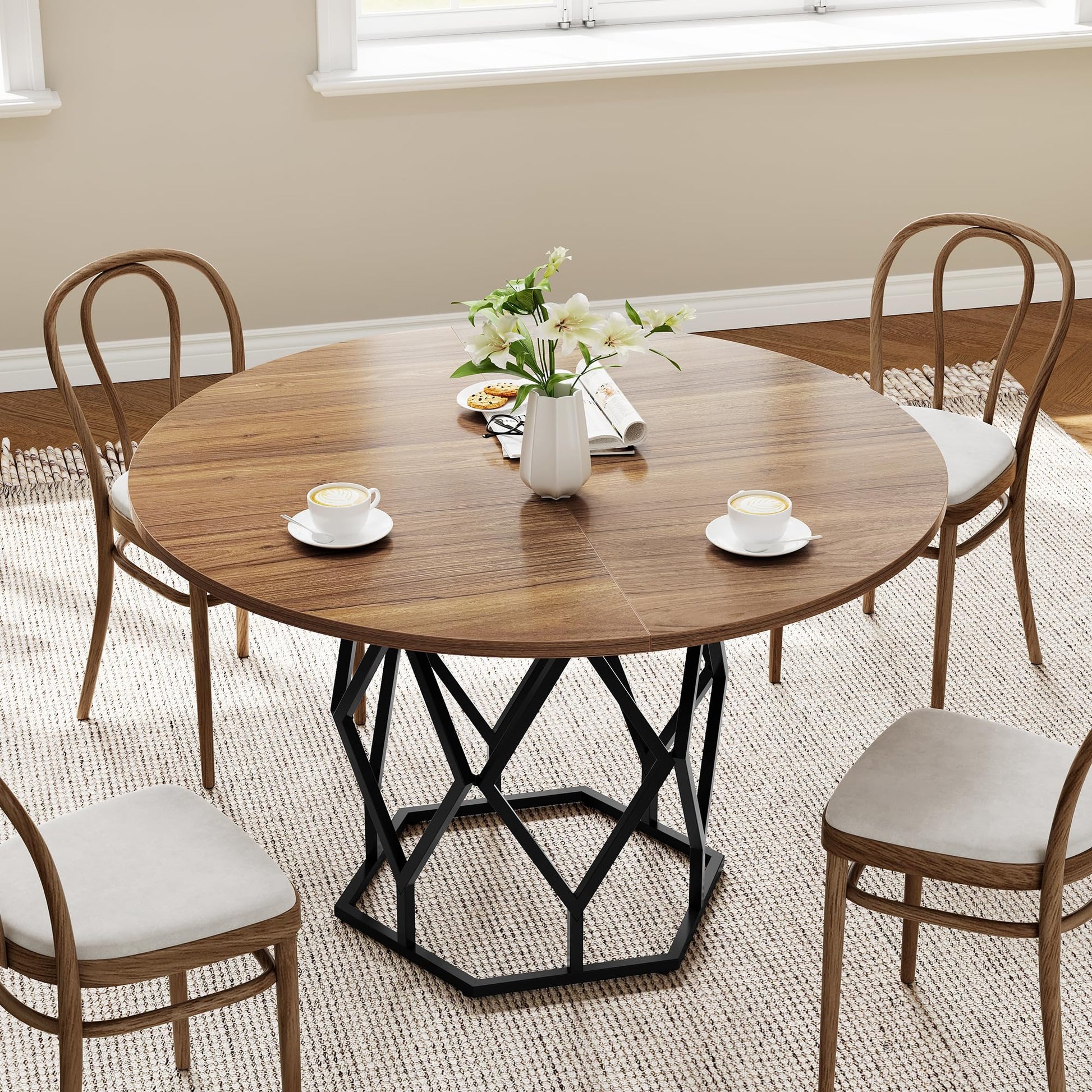 Tavolo da pranzo rotondo Garvee per 4-6 persone, 47 pollici, stile country moderno, base in metallo robusto, piano in legno, versatile per cucina e sala da pranzo