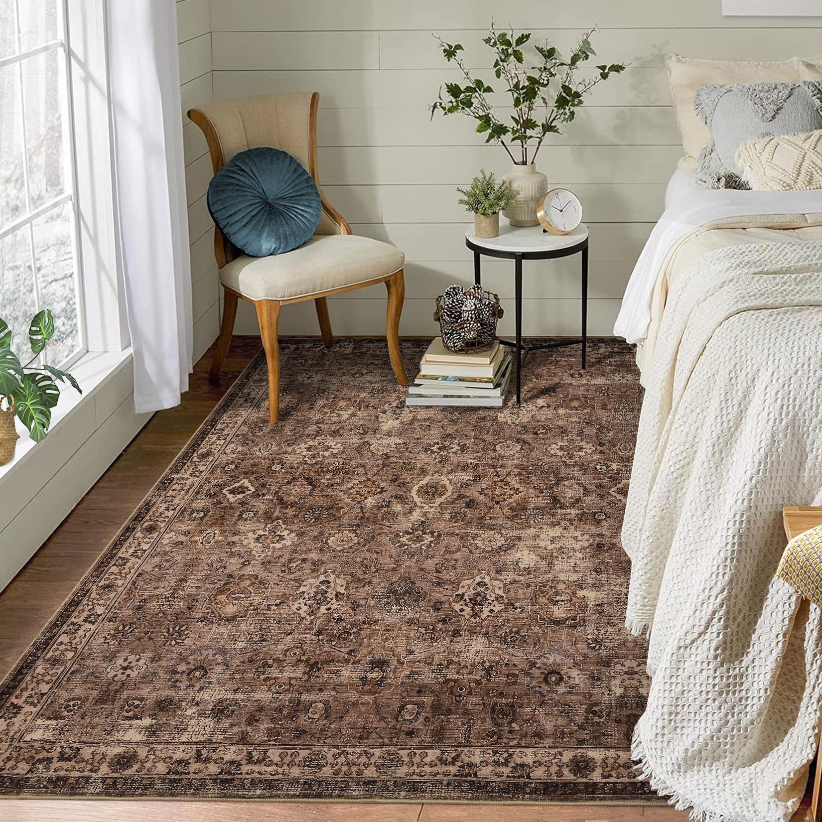 Tappeto Garvee Boho, Soggiorno, Vintage, Lavabile, Pelo Corto, Antiscivolo, Tappeti per Camera da Letto, Stile Retrò, 120x170 cm, Marrone Rossastro