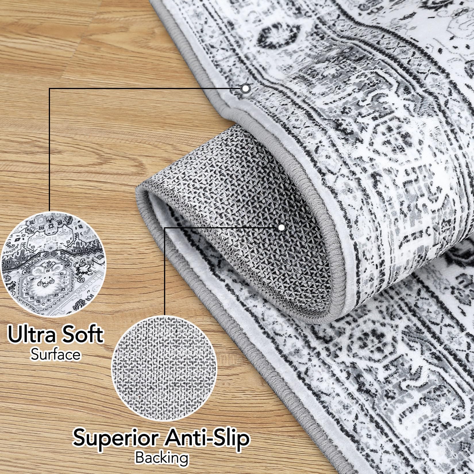 Tappeto tribale persiano GARVEE 200x290cm grigio, lavabile, antiscivolo, morbido, grande, stampato, non felpato, soggiorno e camera da letto