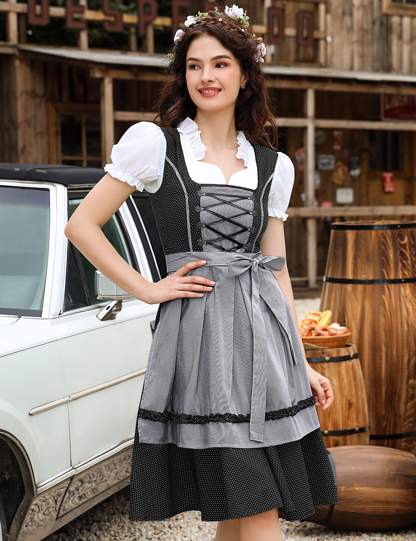 Abito tradizionale Dirndl midi da donna Garvee in 2 pezzi con grembiule Dirndl per l'Oktoberfest, taglie 34-44, confezione riutilizzabile