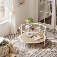 Tavolino da caffè Garvee in rattan da 30" con struttura in metallo e vetro resistente al calore per soggiorno e ufficio, bianco, 30 pollici