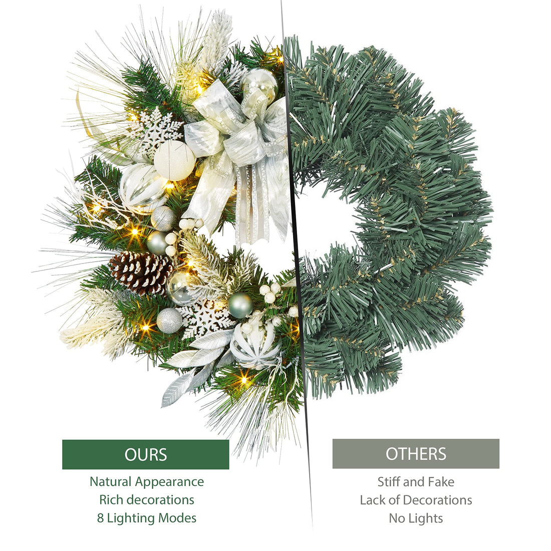 Ghirlanda natalizia illuminata Garvee da 24 pollici con luci a LED, a batteria, argento, per uso interno ed esterno