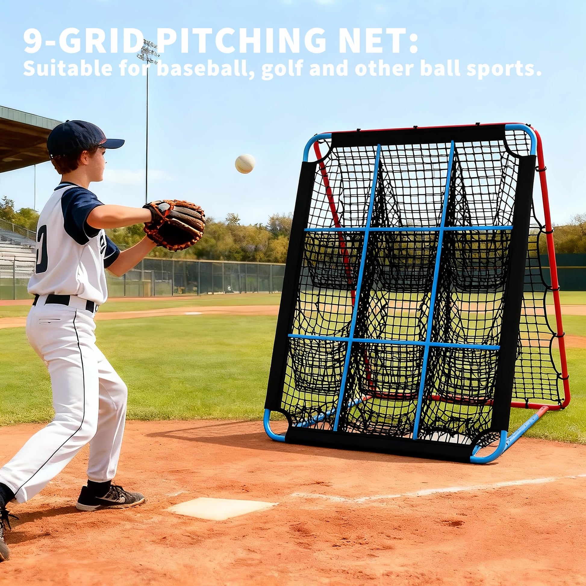 Rete da rimbalzo per baseball Garvee con 9 tasche, pieghevole e stabile per baseball, calcio, pallavolo, allenamento all'aperto e al chiuso