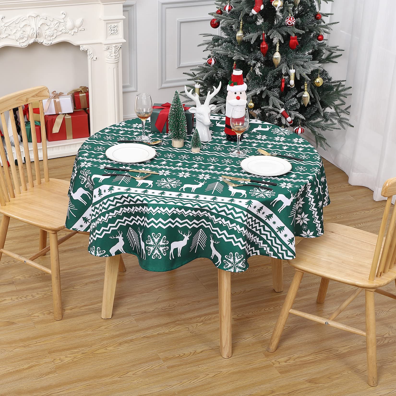 Tovaglia natalizia rotonda Garvee da 60 pollici, verde, idrorepellente, resistente alle macchie, 100% poliestere, motivo fiocchi di neve e renne, per feste di Natale e casa