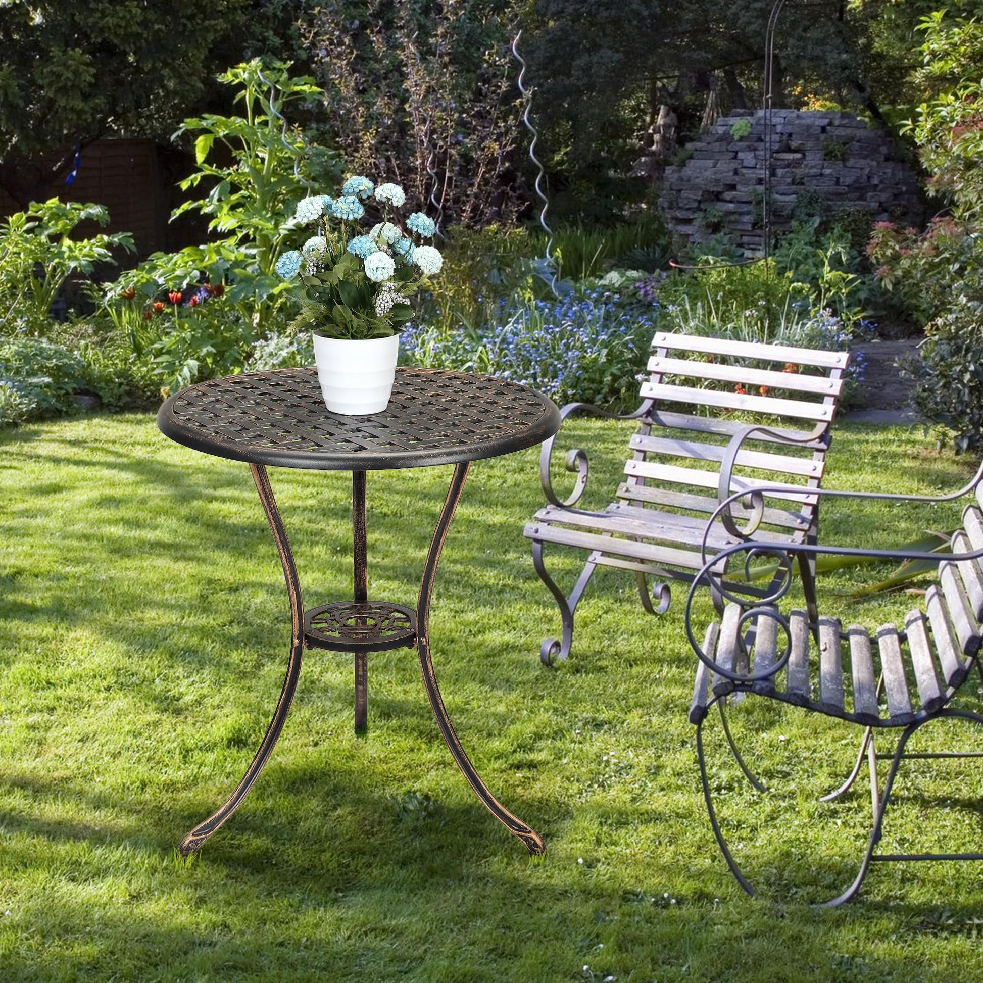 Tavolo da bistrot in alluminio Garvee da 24" con foro per ombrellone, antiruggine, bronzo vintage per giardino e balcone, robusto, leggero