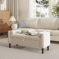 Panca contenitore Garvee da 46,5" con rivestimento in velluto, spazio di archiviazione e gambe in legno per corridoio e camera da letto, beige, imbottita, cerniere di sicurezza