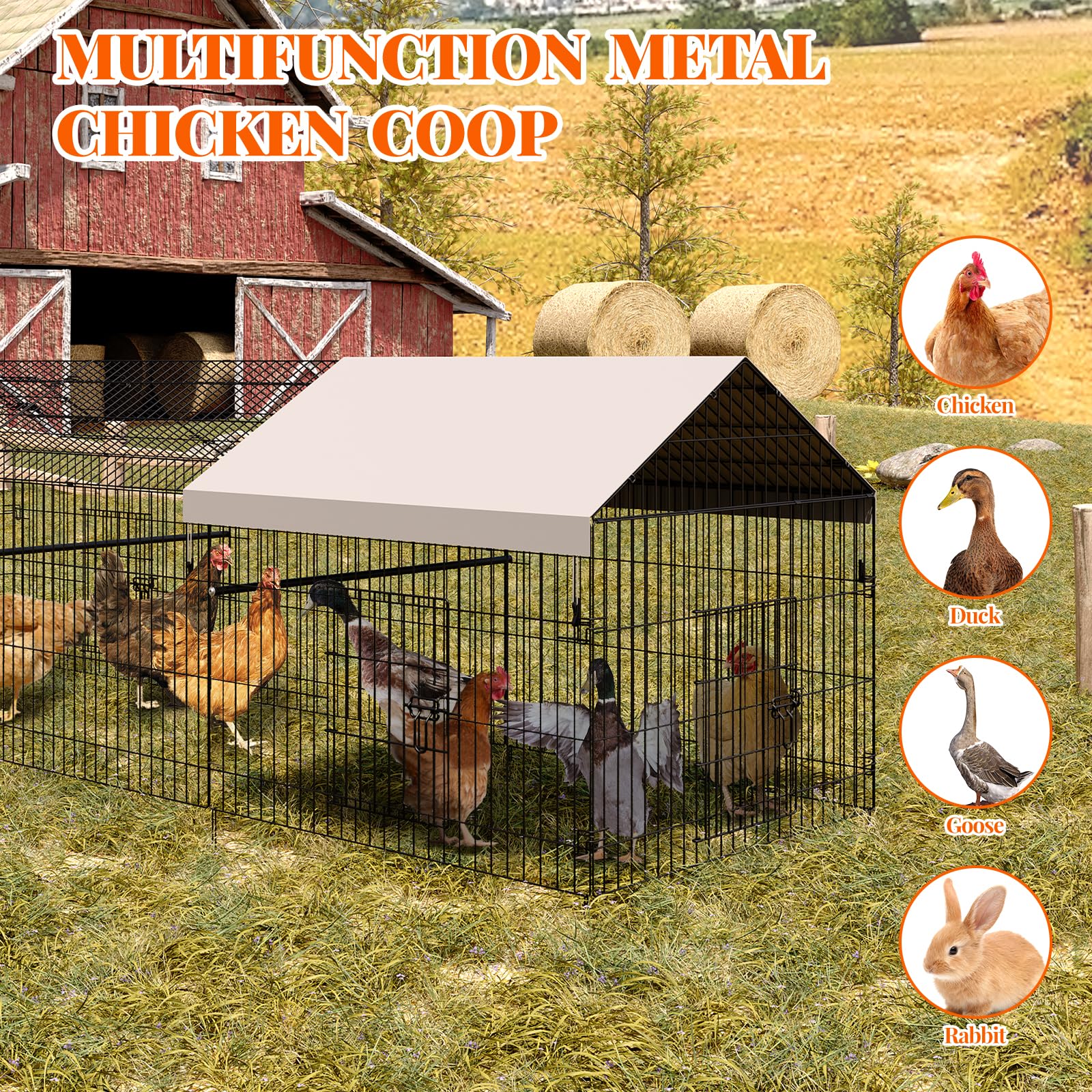 Pollaio Garvee 100x330x100cm – Acciaio zincato con 3 scomparti e 4 porte per polli e conigli