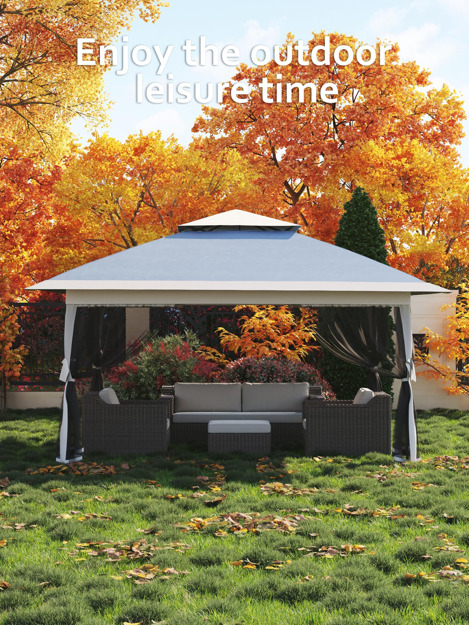 Gazebo pieghevole Garvee 13x13 con zanzariera, struttura in acciaio robusto, protezione UV UPF 50+, impermeabilizzazione, blu navy + grigio canapa, fisso in giardino