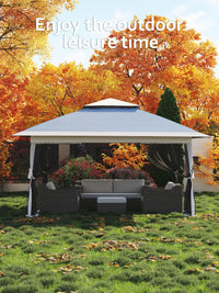 Gazebo pieghevole Garvee 13x13 con zanzariera, struttura in acciaio robusto, protezione UV UPF 50+, impermeabilizzazione, blu navy + grigio canapa, fisso in giardino