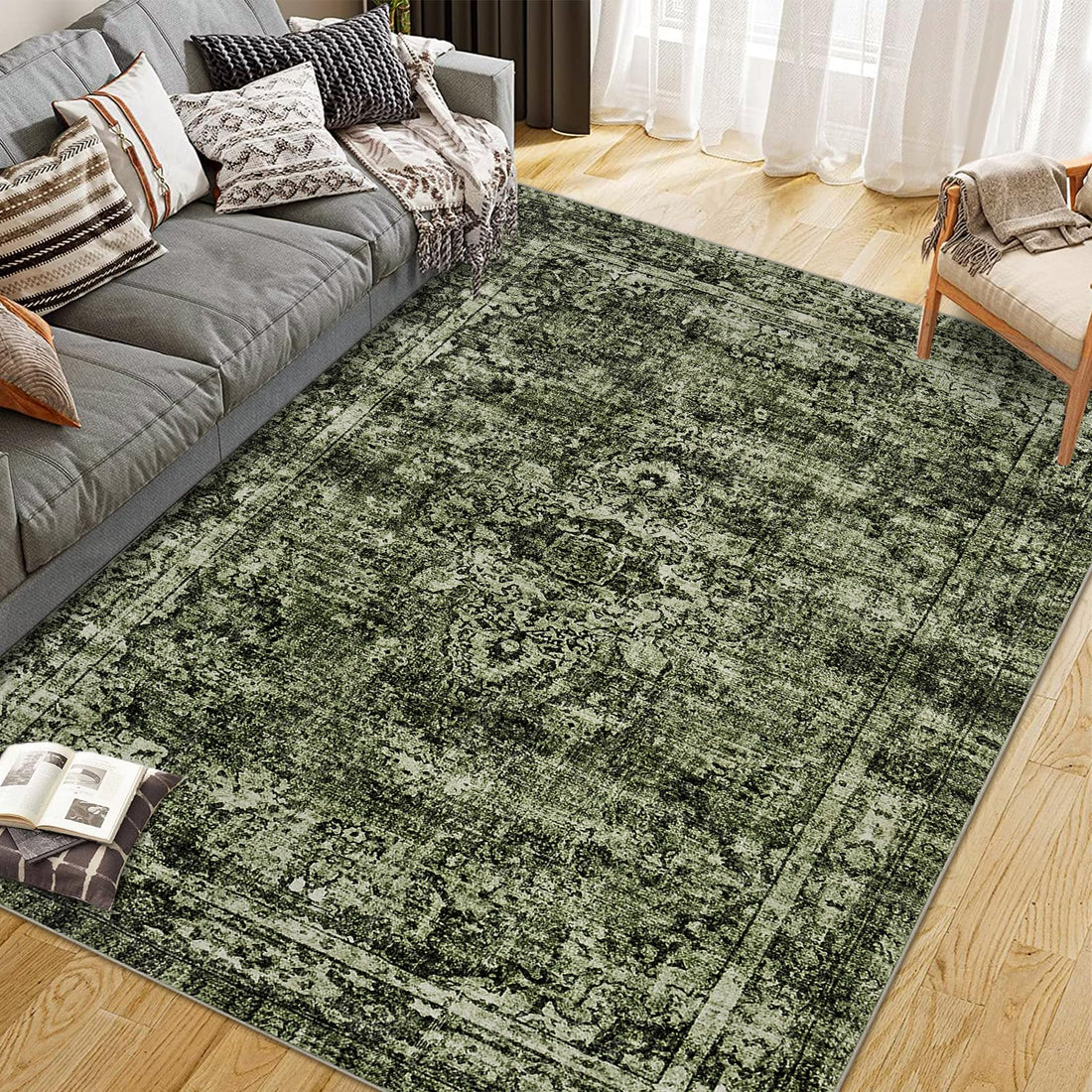 Tappeto a pelo corto Garvee verde 200 x 290 cm Boho moderno vintage soggiorno camera da letto grande tappeto lavabile