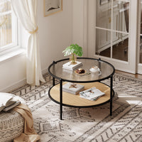 Tavolino da caffè Garvee in rattan da 30" con 2 ripiani, struttura in metallo, piano in vetro effetto onda, nero, soggiorno e ufficio, 30"