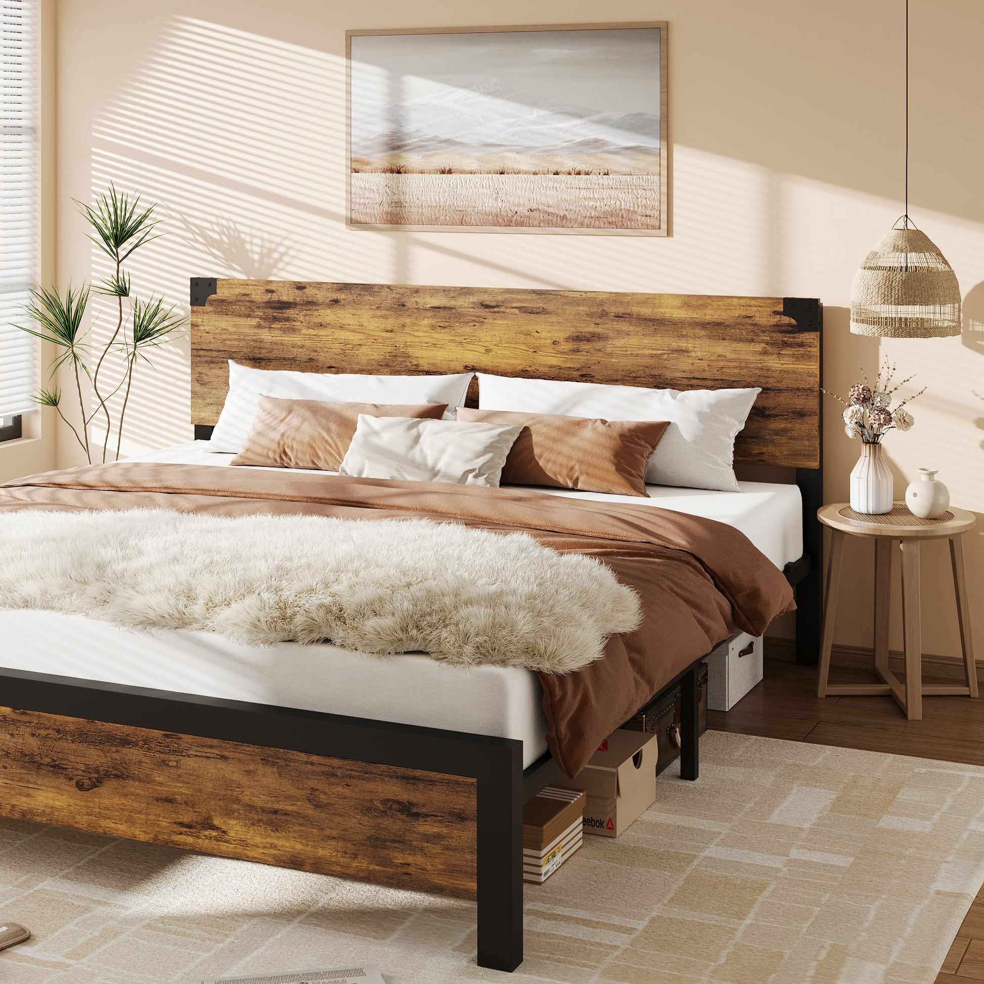 Garvee Letto King Size con Testiera in Legno, Contenitore Sotto Letto, Gambe in Metallo, Marrone Rustico, Camera da Letto, 82x78.7x37.4 in