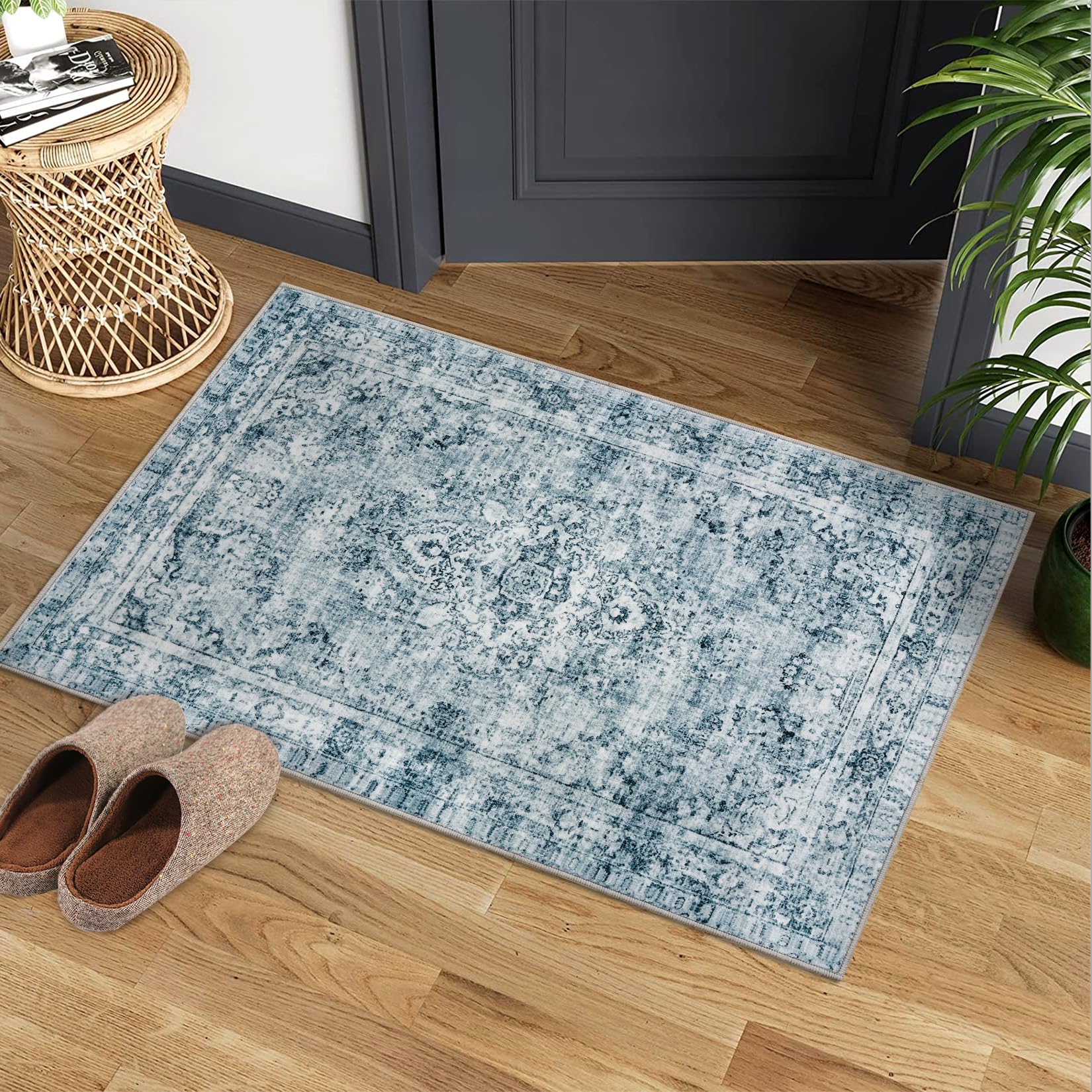 Tappeti a pelo corto Garvee per soggiorno, camera da letto, ingresso - Blu, 200x290cm, Tappeto vintage boho grande lavabile