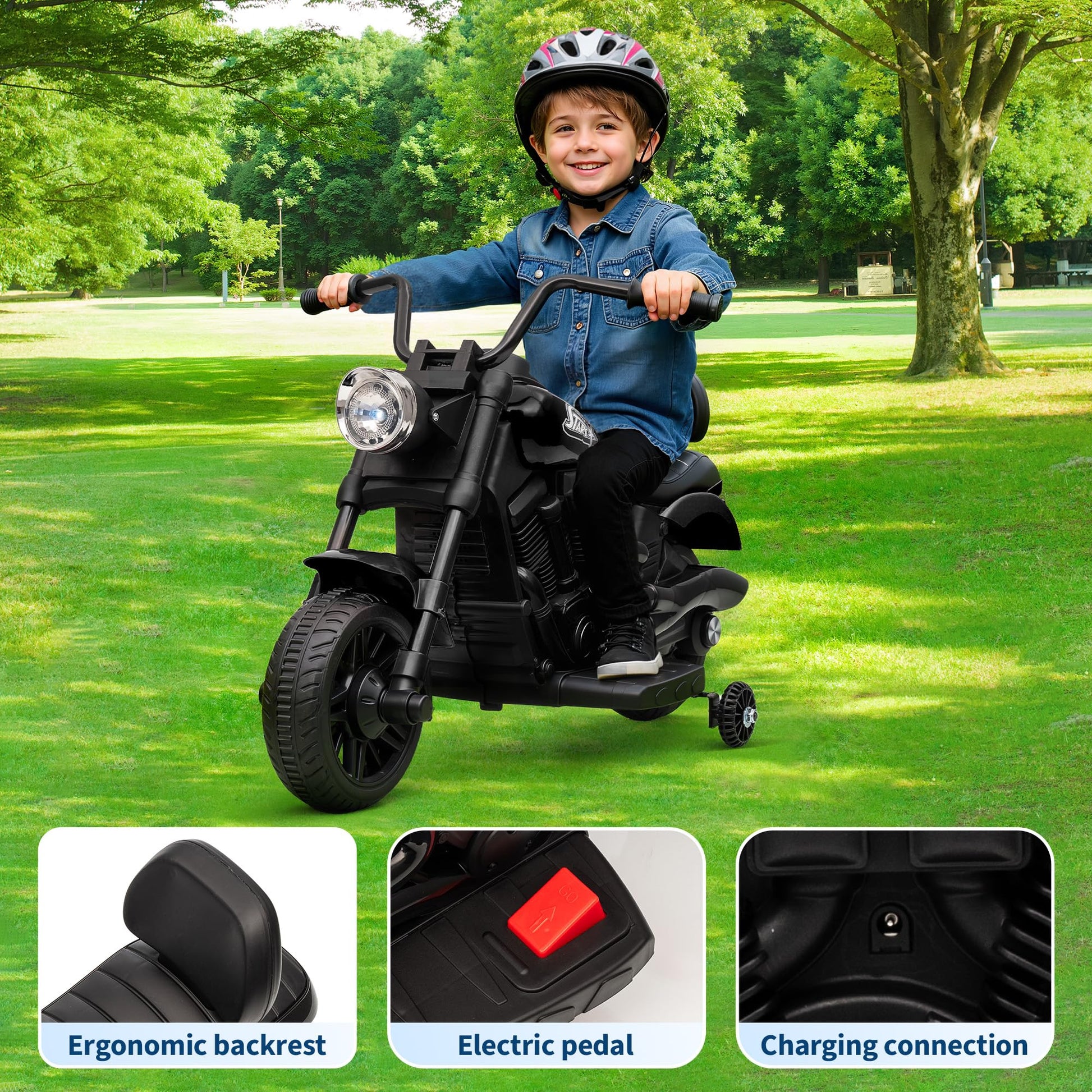 Moto elettrica Garvee 6V nera con avviamento graduale e sospensioni: la prima moto elettrica per bambini dai 2 anni per passeggiate sicure in giardino