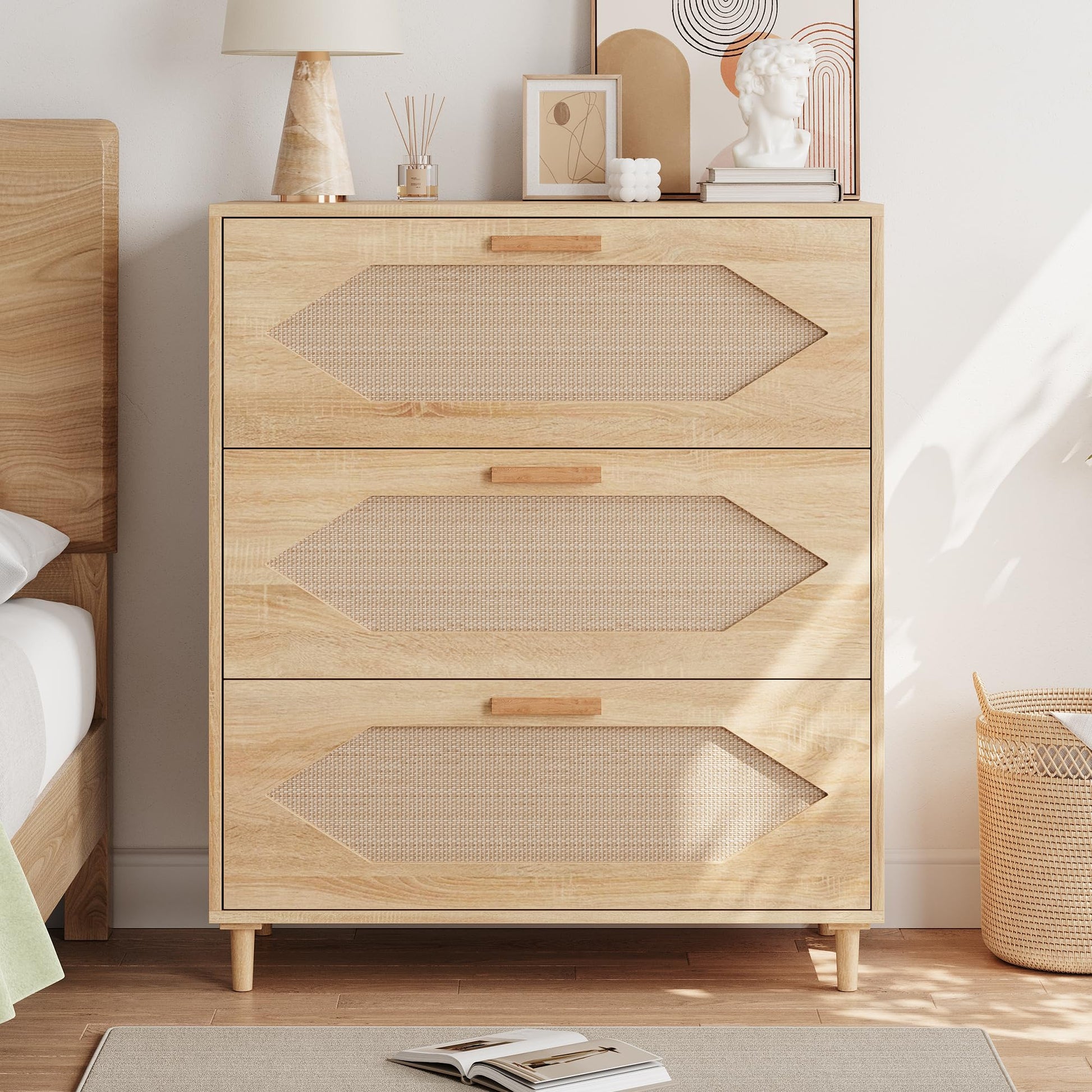 Cassettiera in rattan Garvee a 3 cassetti per camera da letto, ampio spazio di archiviazione, impermeabile, in legno MDF, moderna, per soggiorno e corridoio, marrone