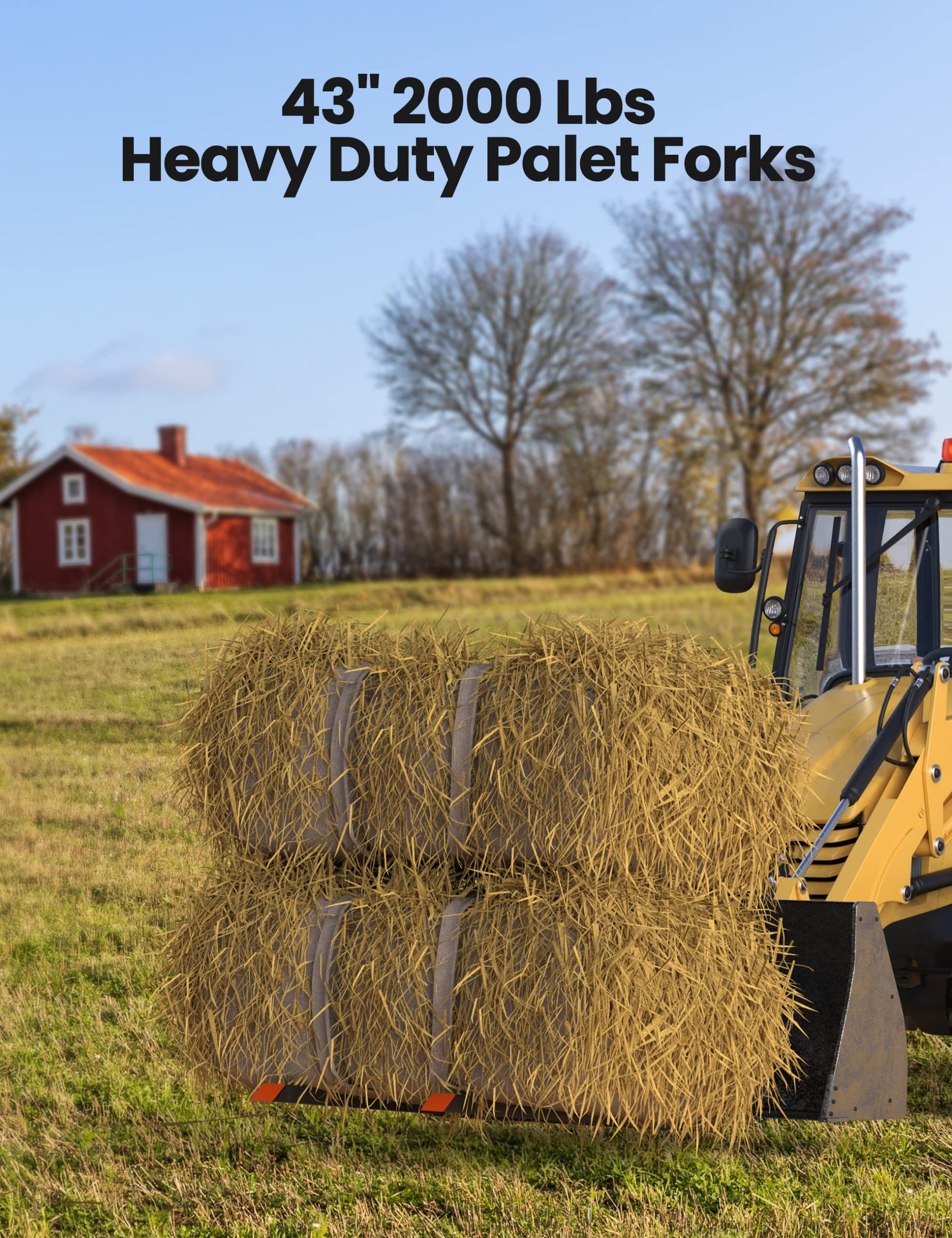 Forche per pallet Garvee da 43" con capacità di carico di 2000 libbre, barra stabilizzatrice regolabile in acciaio robusto per benna per trattore, agricoltura