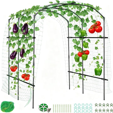 Garvee, grande arco da giardino, traliccio a tunnel da 7 piedi con rete in nylon e clip, in metallo, antiruggine, stabile, per ortaggi e fiori, 220x180x190 cm, nero
