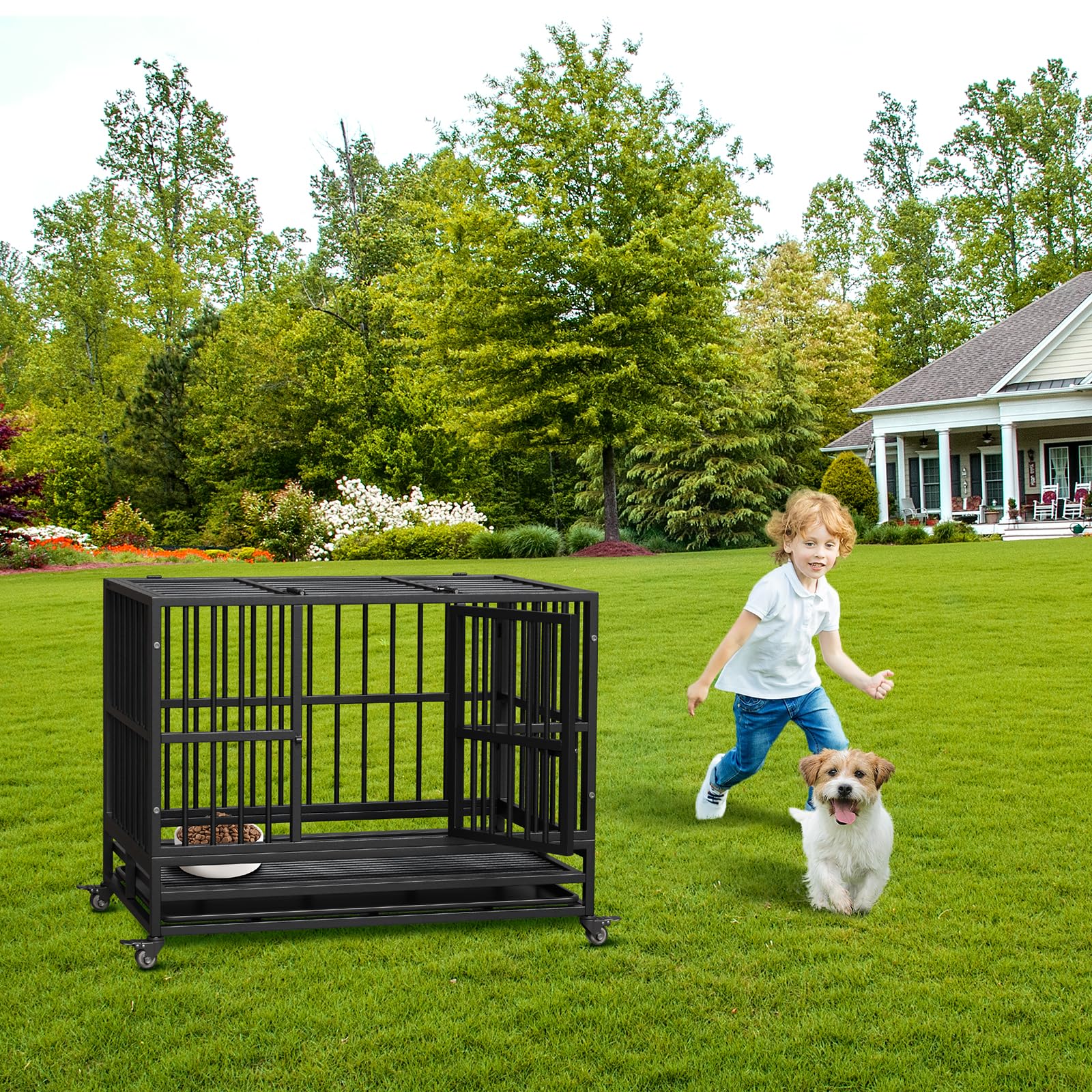 Garvee Heavy Duty Dog Crate 37 pollici con doppia porta, ruote girevoli a 360°, metallo, pieghevole, per cani di piccola e grande taglia, per interni