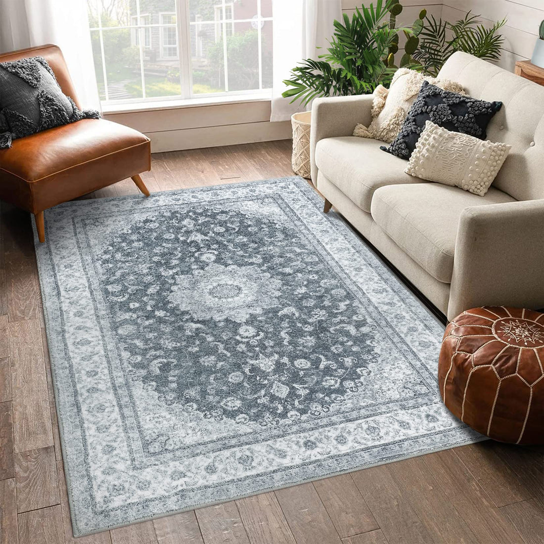 Garvee Tappeto Vintage Lavabile Boho Antiscivolo Morbido Poliestere Resistente Grigio-Nero 120x170 cm Soggiorno Camera
