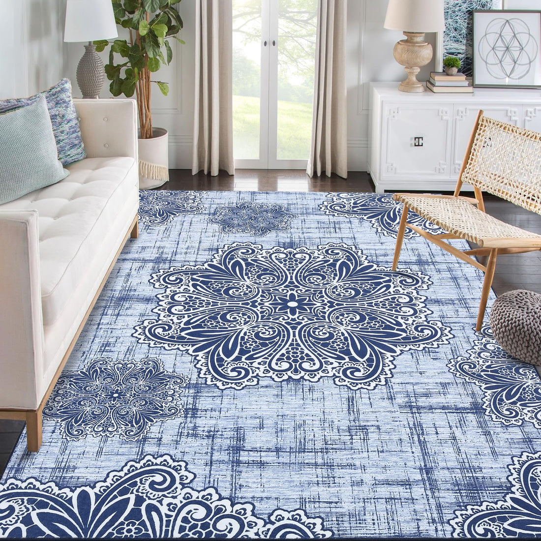 Garvee Tappeto Vintage Grande 200x290 cm Boho Blu Ultra Morbido Rutschfest Lavabile Basso Pelo Pieghevole Per Soggiorno Sala Da Pranzo Camera Da Letto
