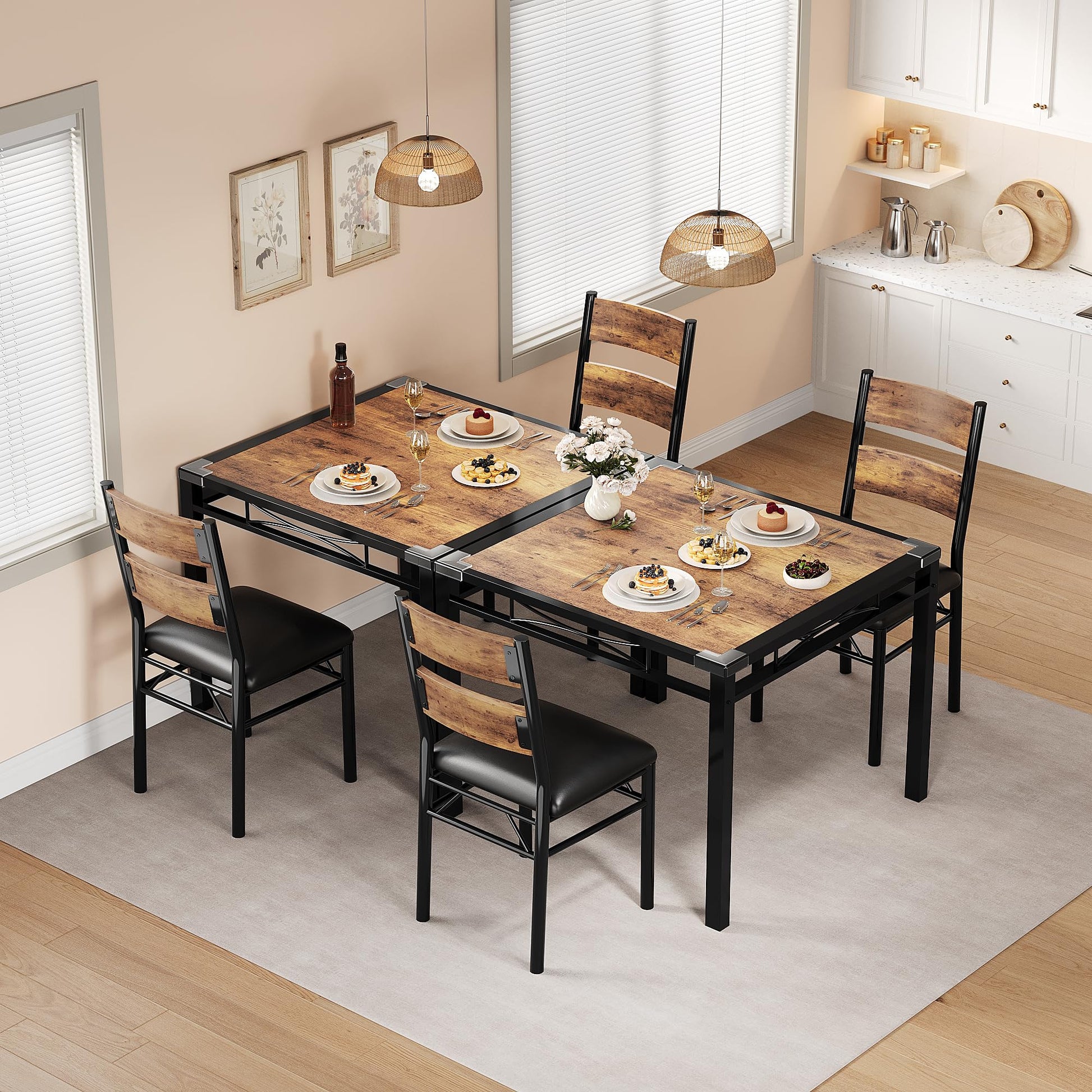 Set da pranzo Garvee per 2 persone con sedie imbottite, protezioni angolari, robusto legno MDF, ergonomico, salvaspazio, marrone, cucina e appartamento