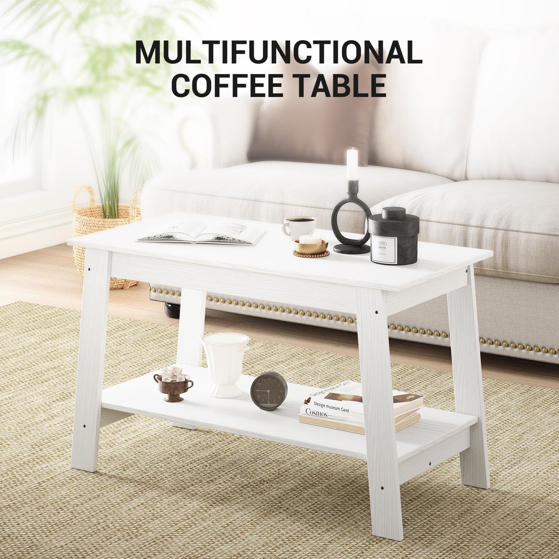 Tavolino da caffè Garvee 80 cm rustico moderno da fattoria, 2 livelli, legno, bianco, rettangolare, soggiorno, ufficio, camera da letto