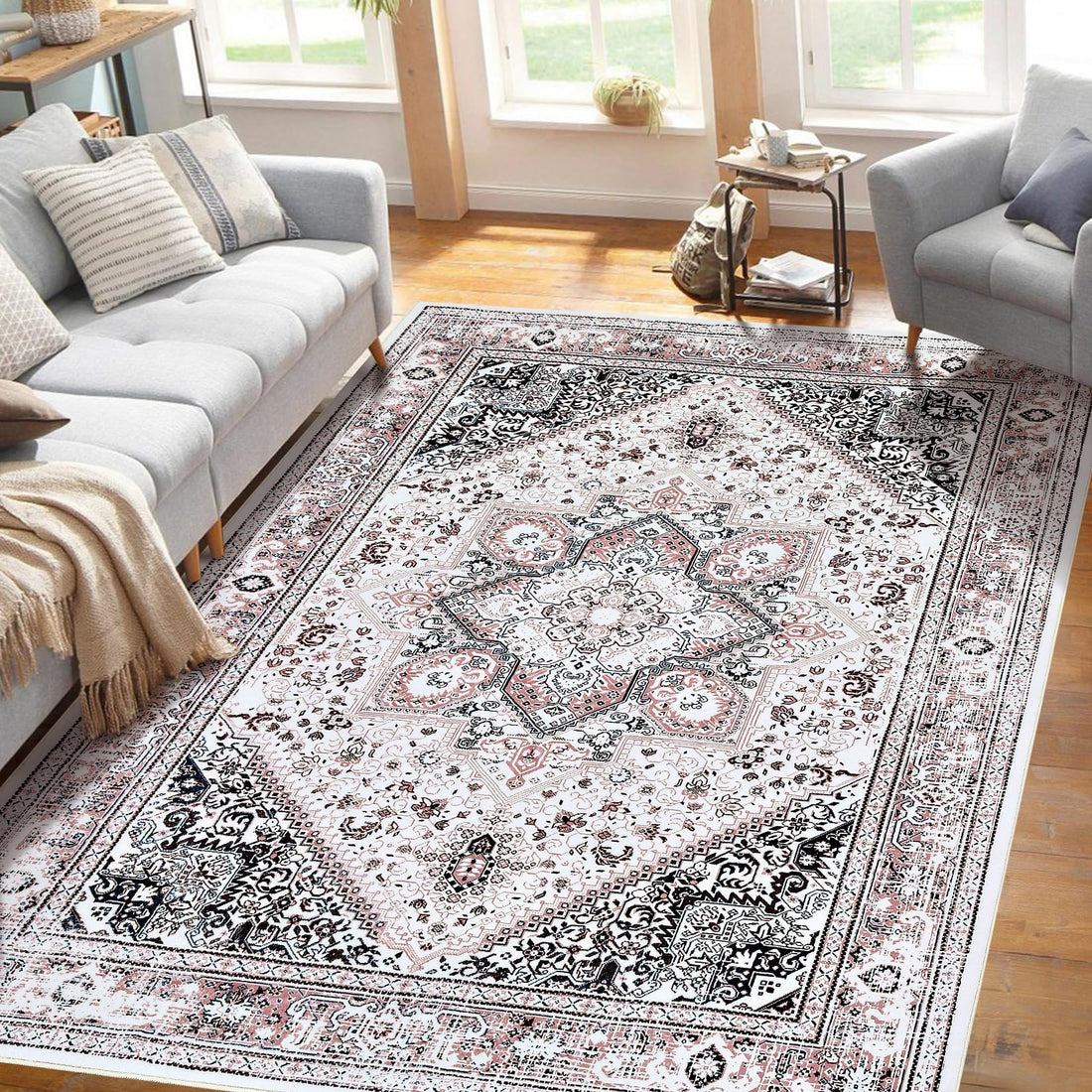 Garvee Teppich Boho Vintage Waschbar Rutschfest Weicher Niedrigflor 120x170cm Rosa Für Wohnzimmer Schlafzimmer Esszimmer