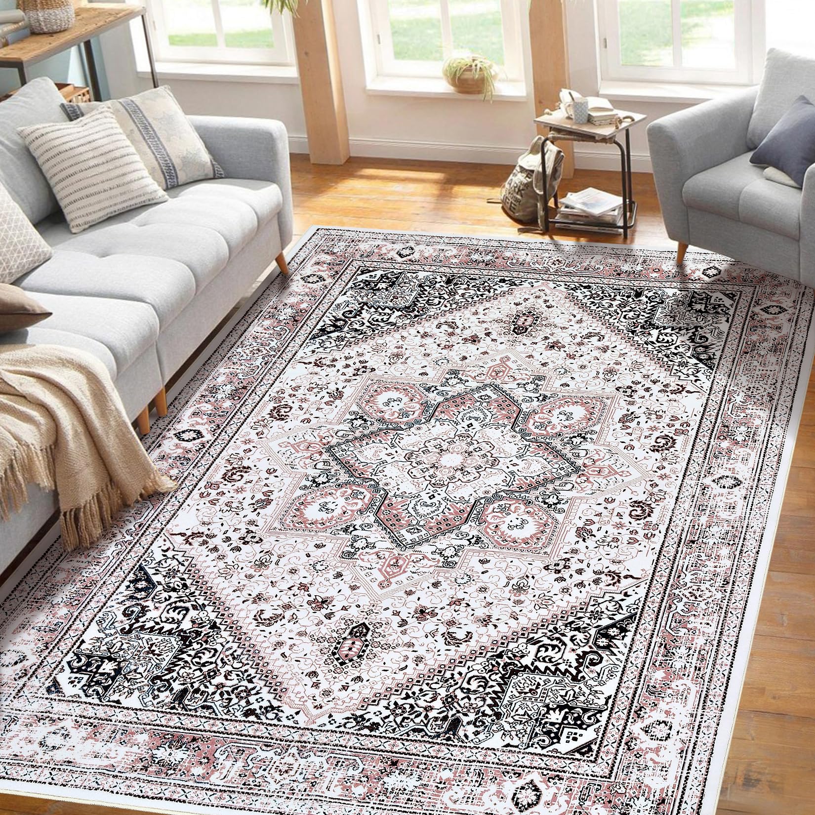 Garvee Teppich Boho Vintage Waschbar Rutschfest Weicher Niedrigflor 120x170cm Rosa Für Wohnzimmer Schlafzimmer Esszimmer