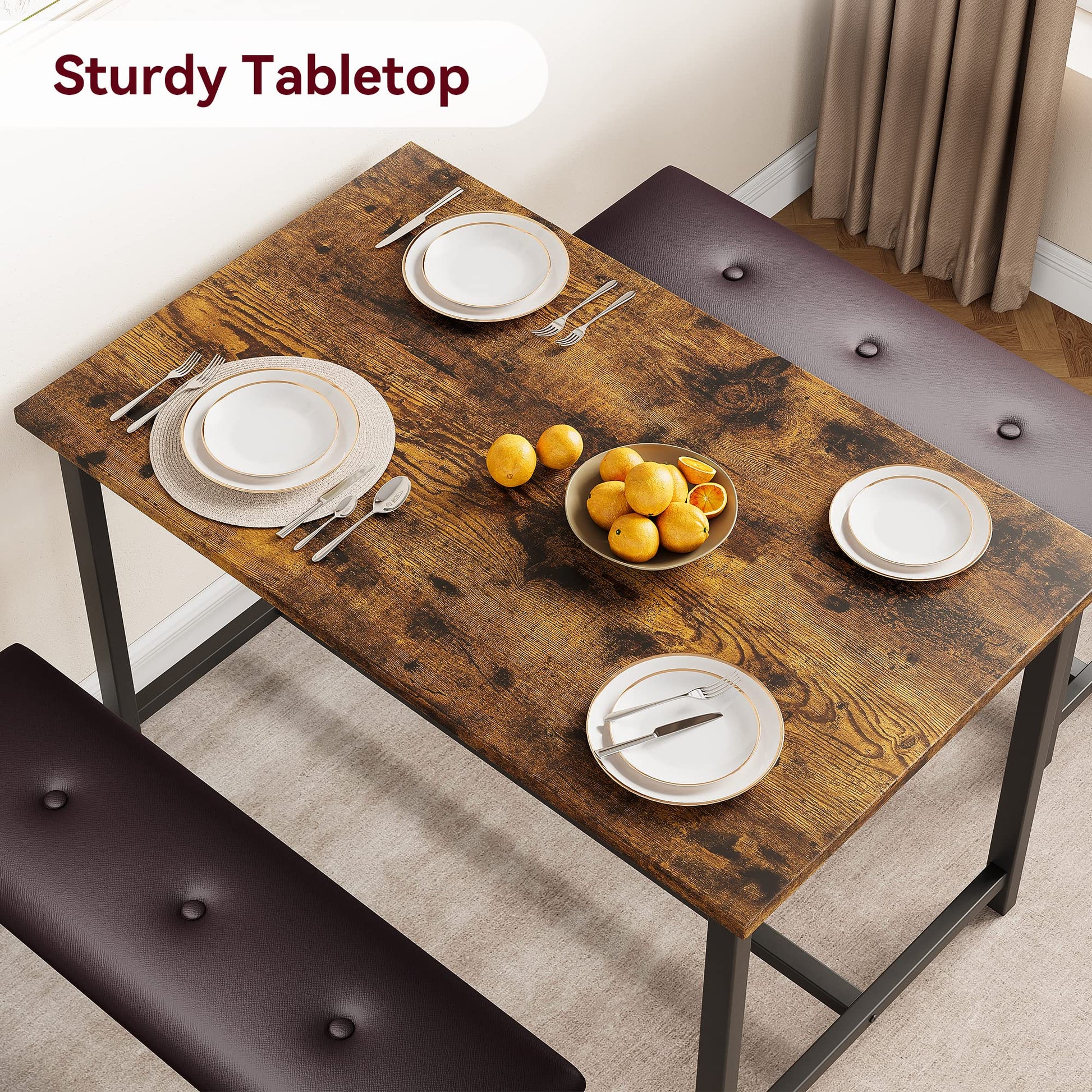 Set da pranzo Garvee per 4 persone con 2 panche imbottite, rettangolare, robusto MDF e acciaio, salvaspazio, impermeabile, per stanze piccole